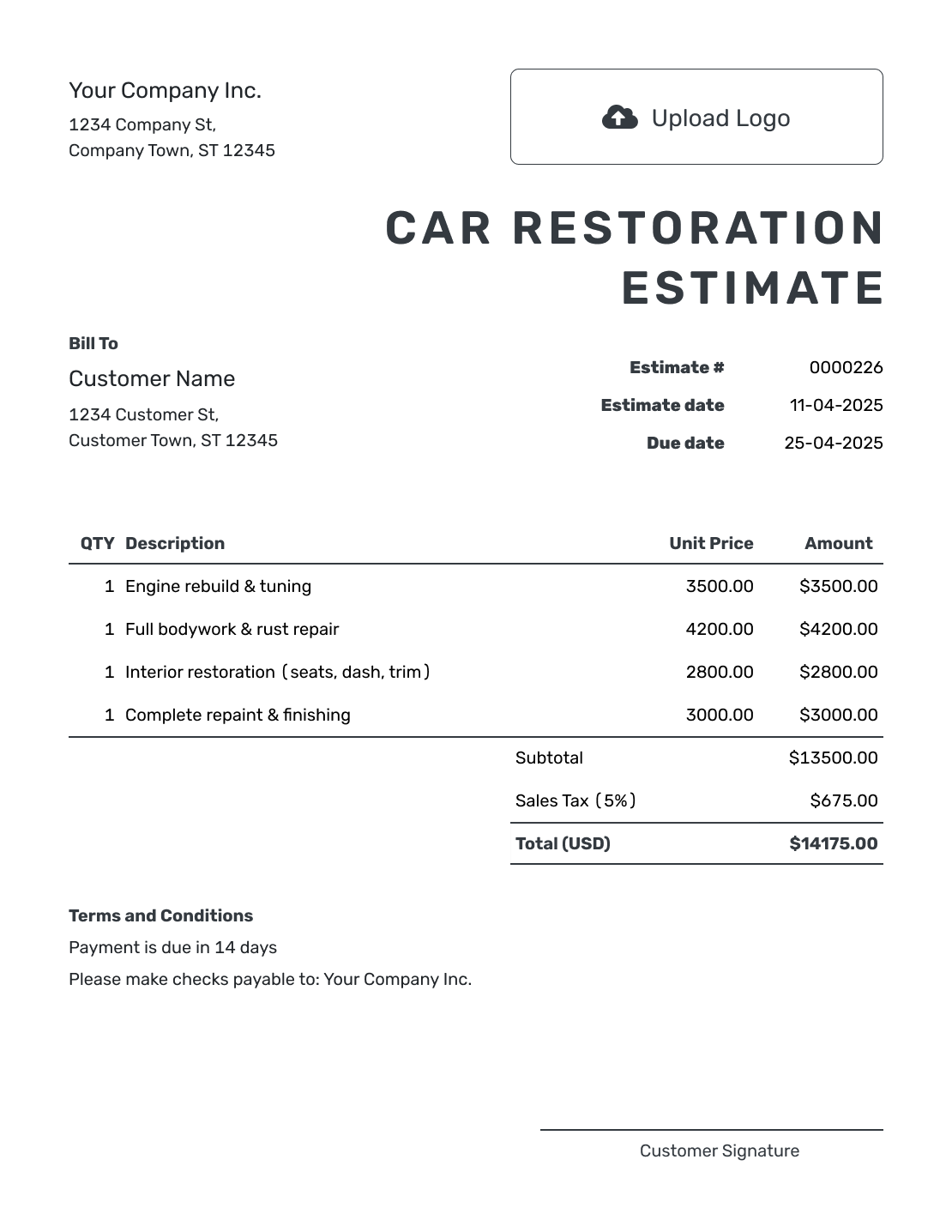 Printable Car Restoration Estimate Template