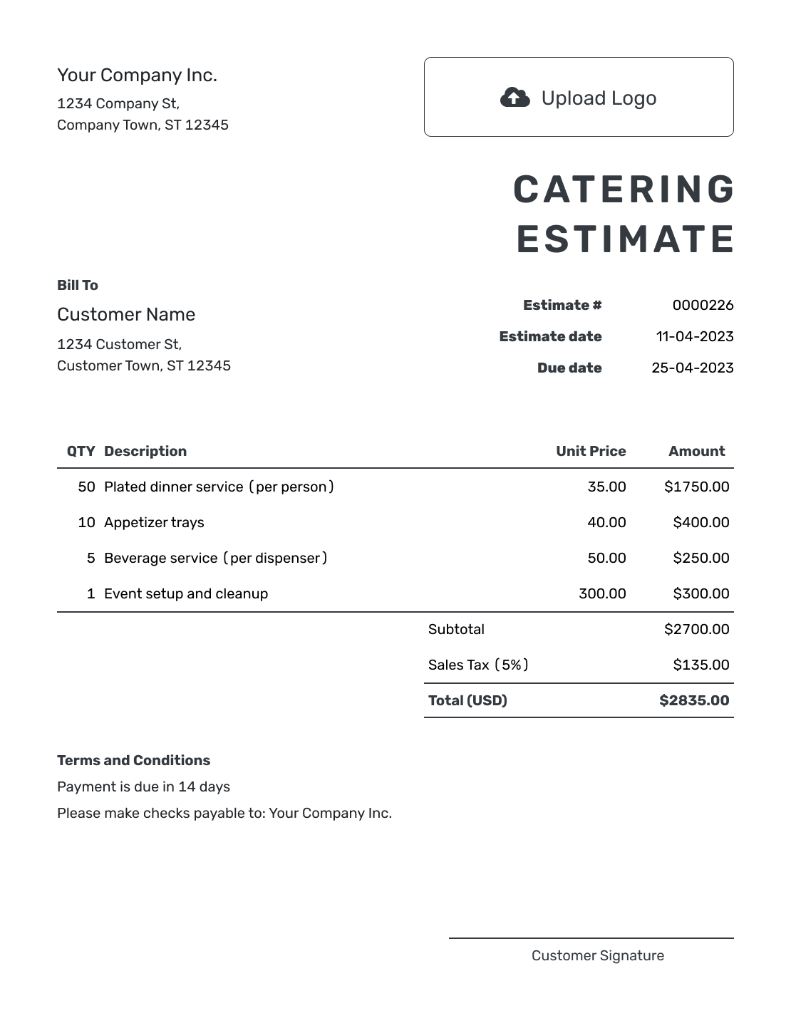 Printable Catering Estimate Template