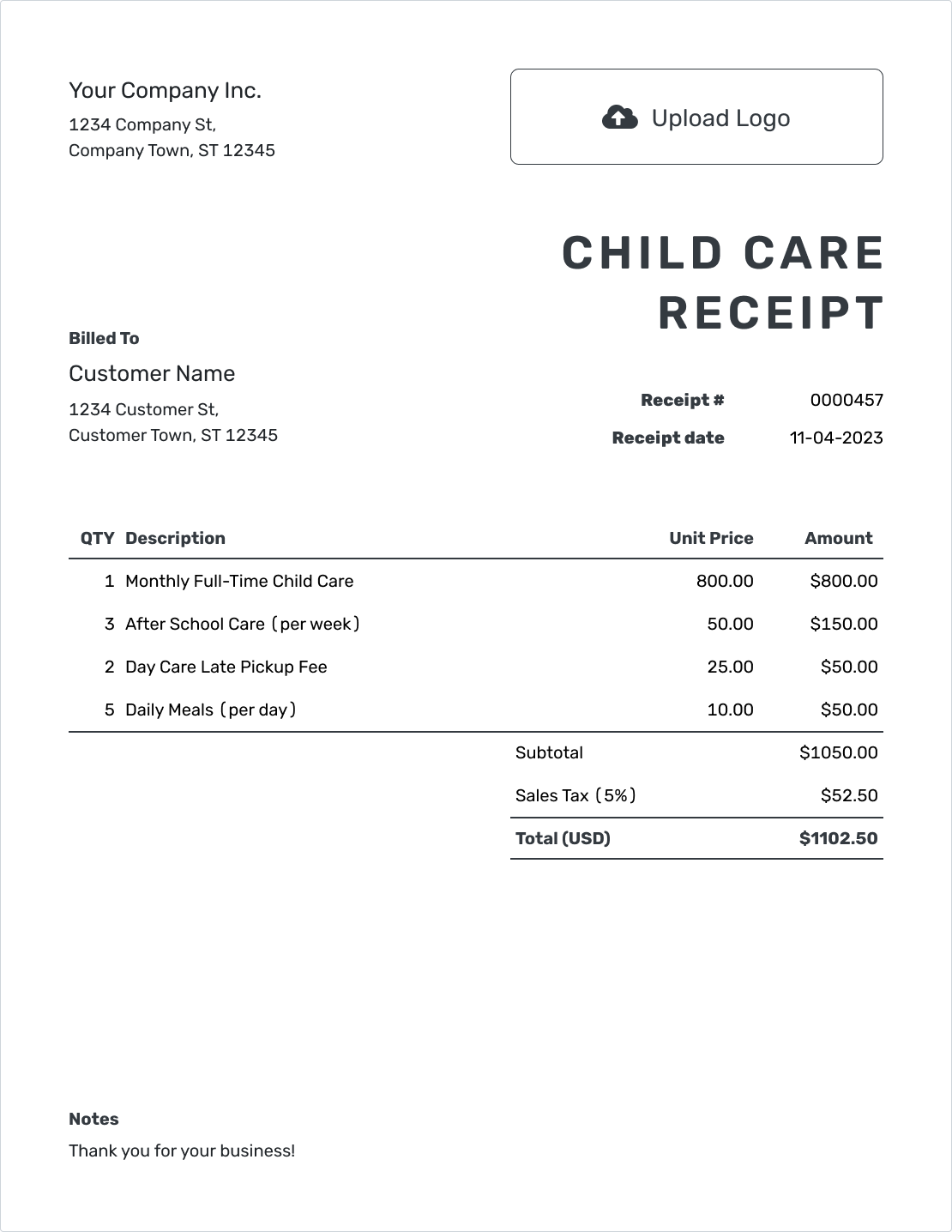 Printable Child Care Receipt Template