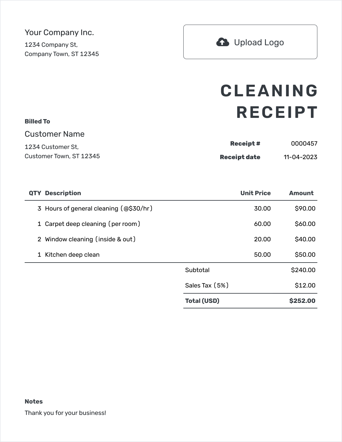 Printable Cleaning Receipt Template