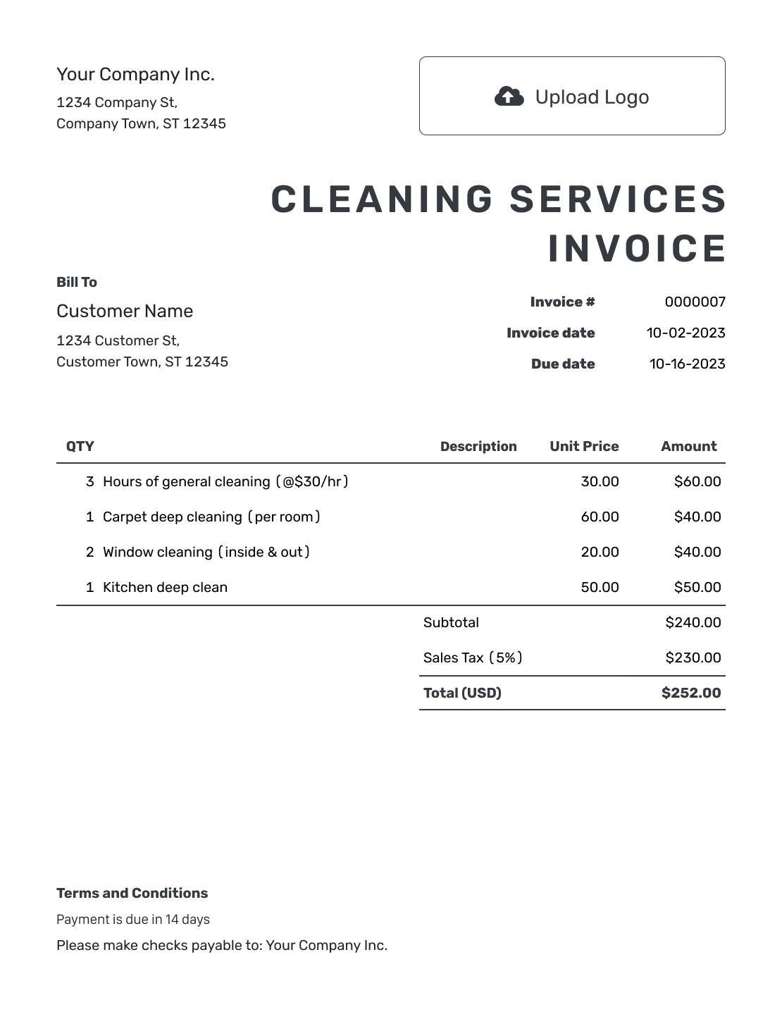 Printable Cleaning Services Invoice Template