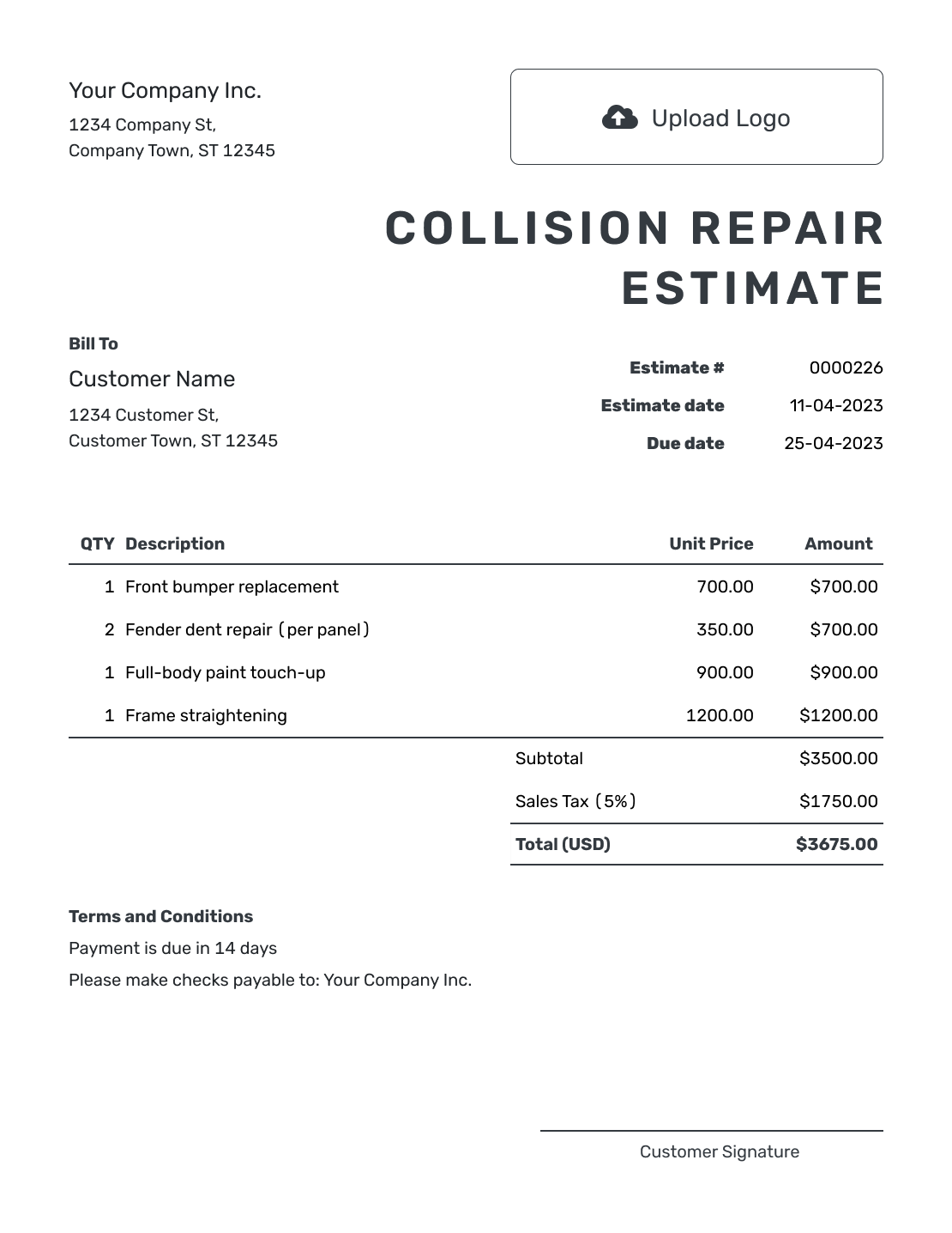 Printable Collision Repair Estimate Template