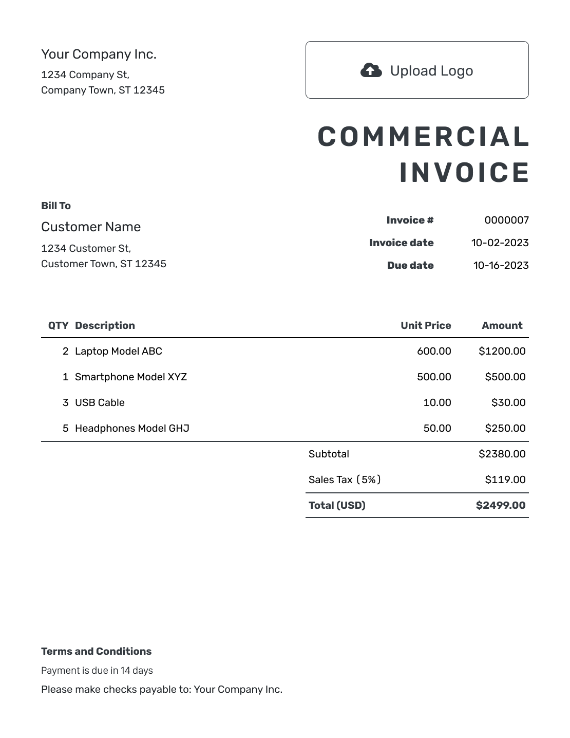 Printable Commercial Invoice Template