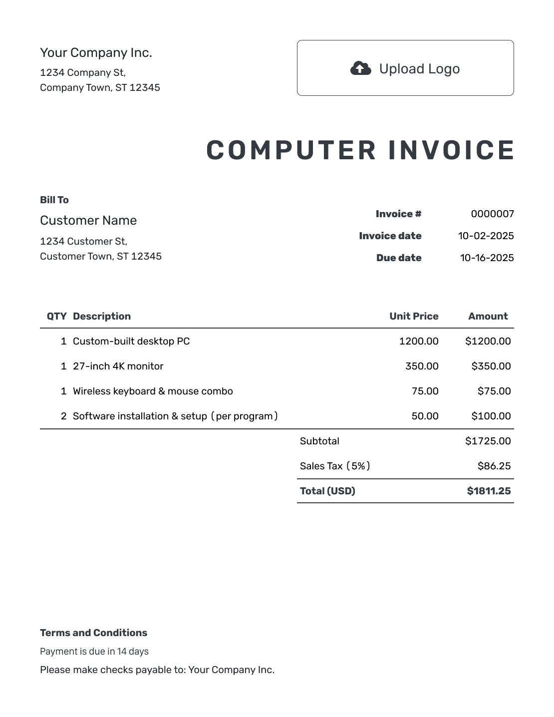 Printable Computer Invoice Template