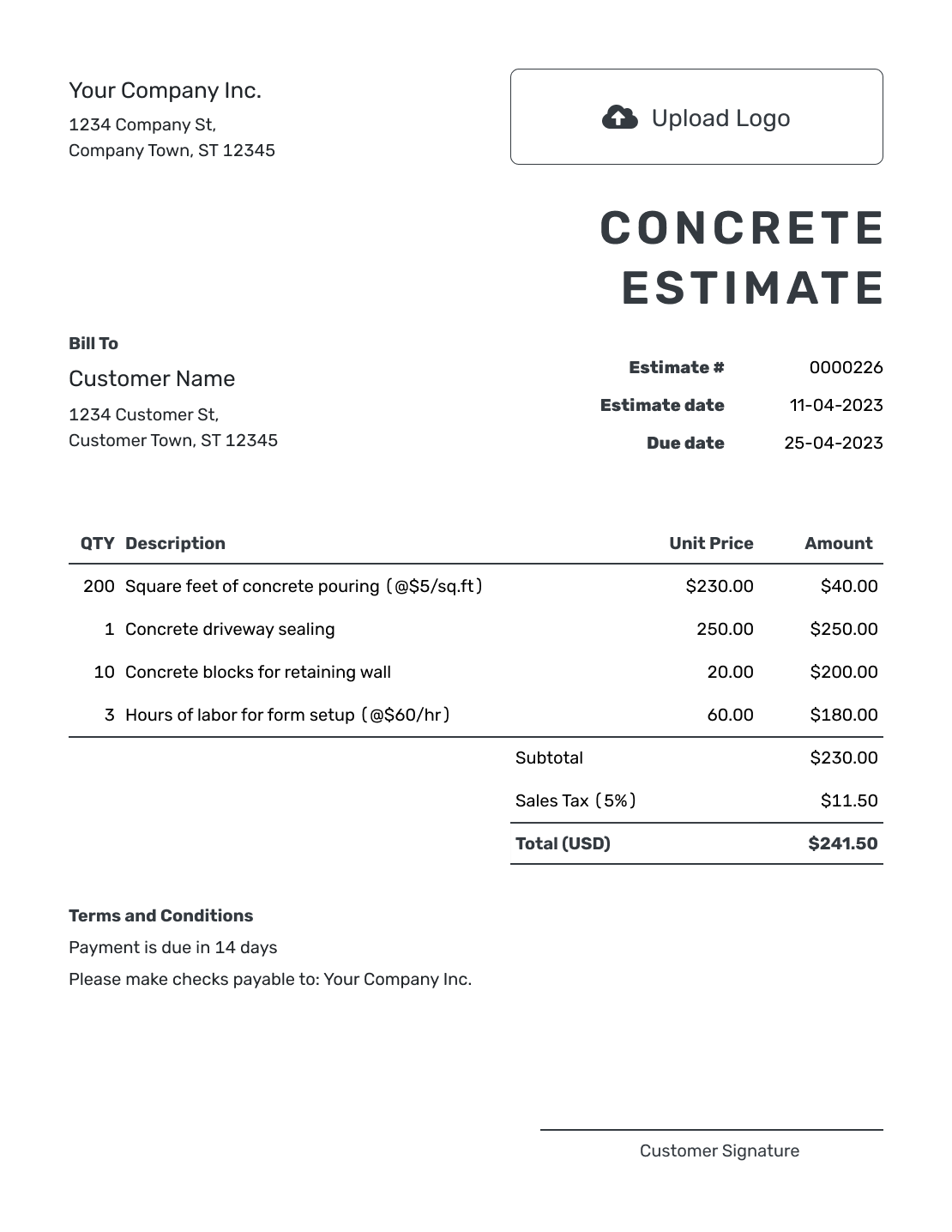 Printable Concrete Estimate Template