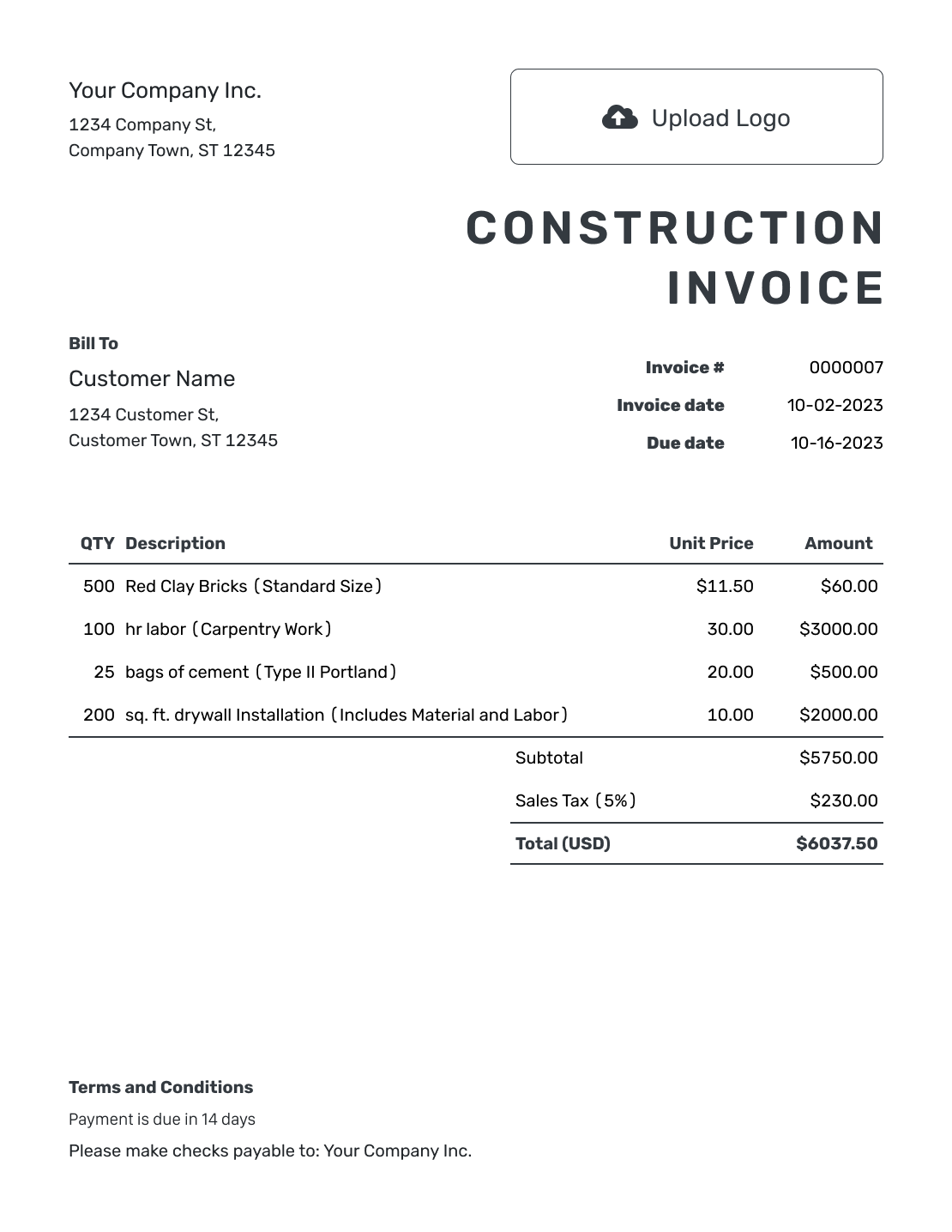 Printable Construction Invoice Template