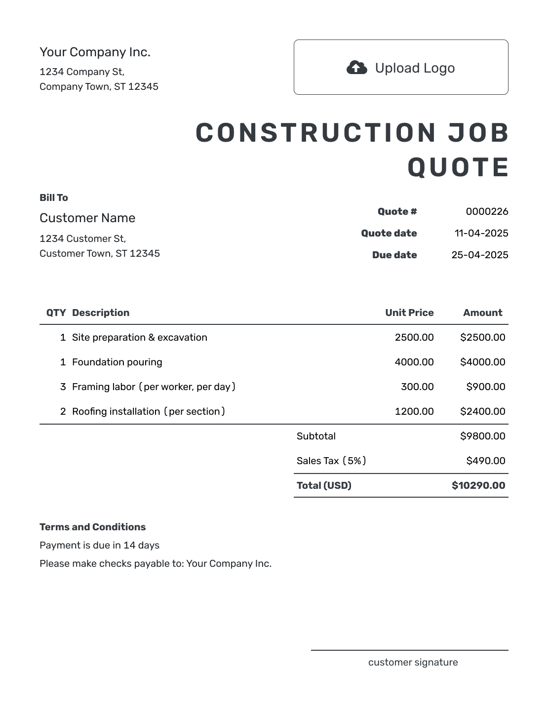 Printable Construction Job Quote Template