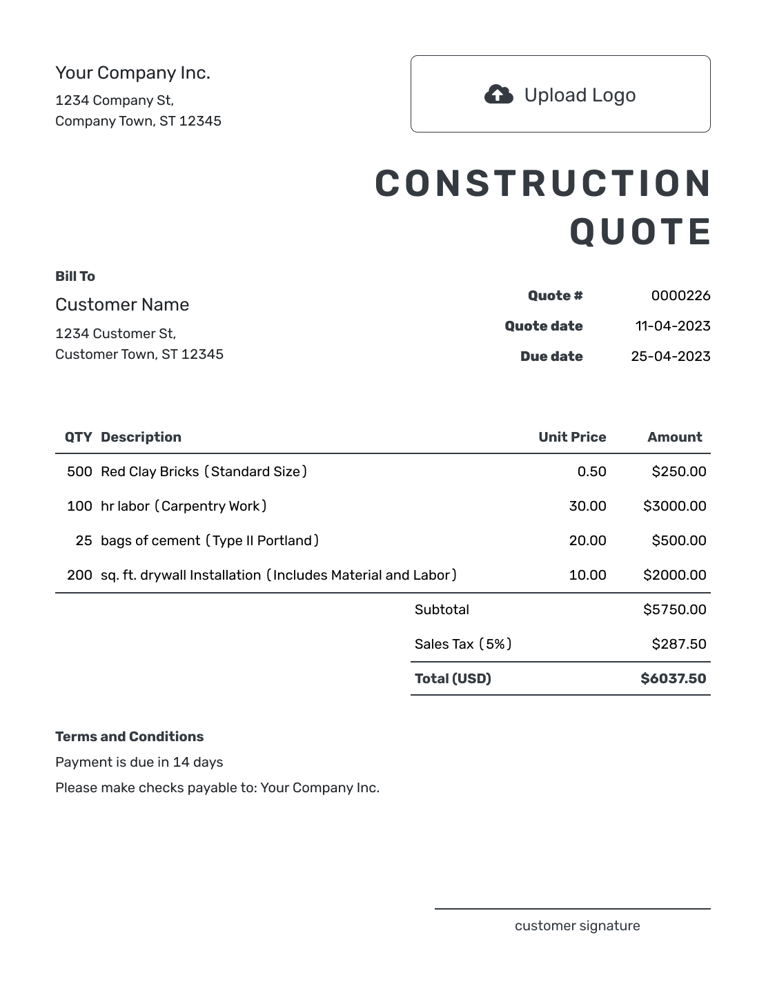 Printable Construction Quote Template