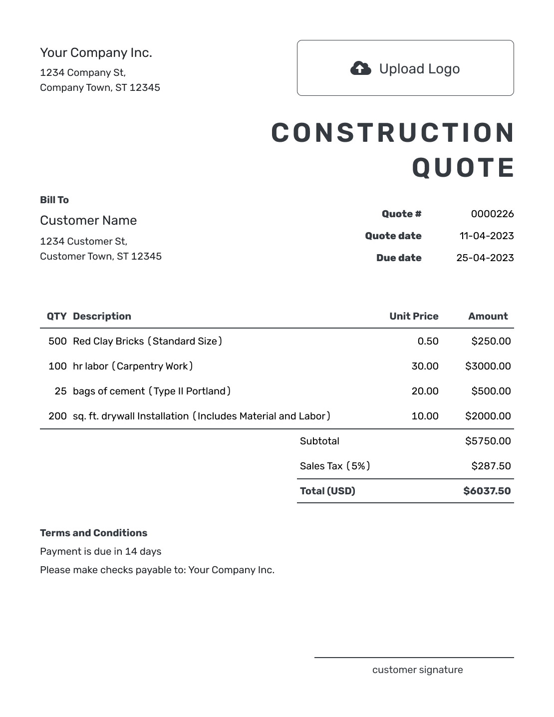 Free Construction Quote Template Docelf