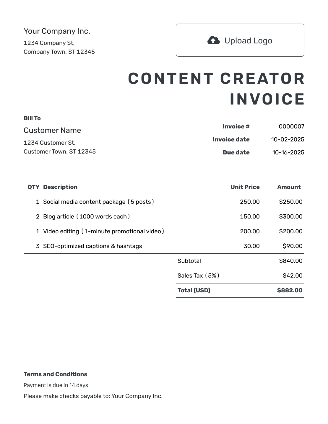 Printable Content Creator Invoice Template