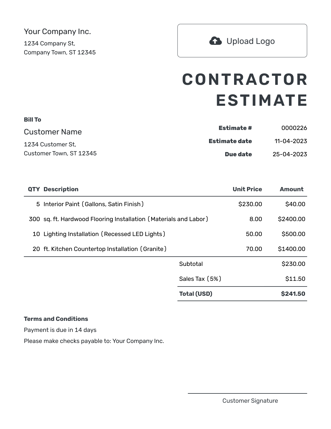 Printable Contractor Estimate Template