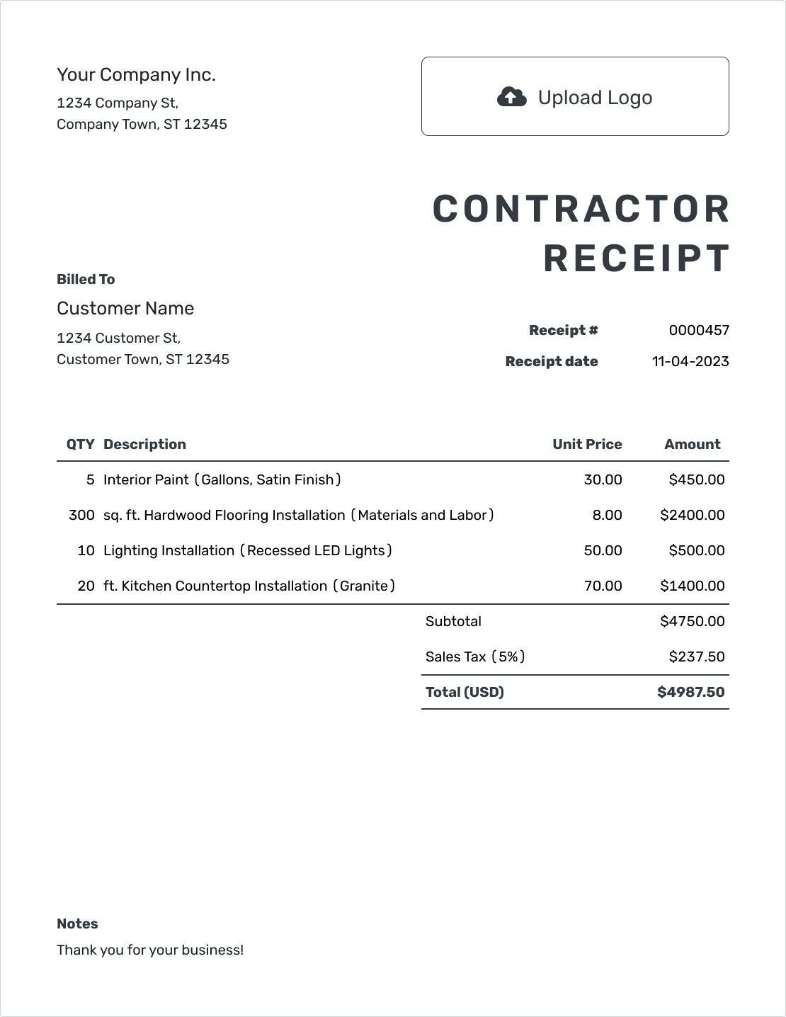 Printable Contractor Receipt Template