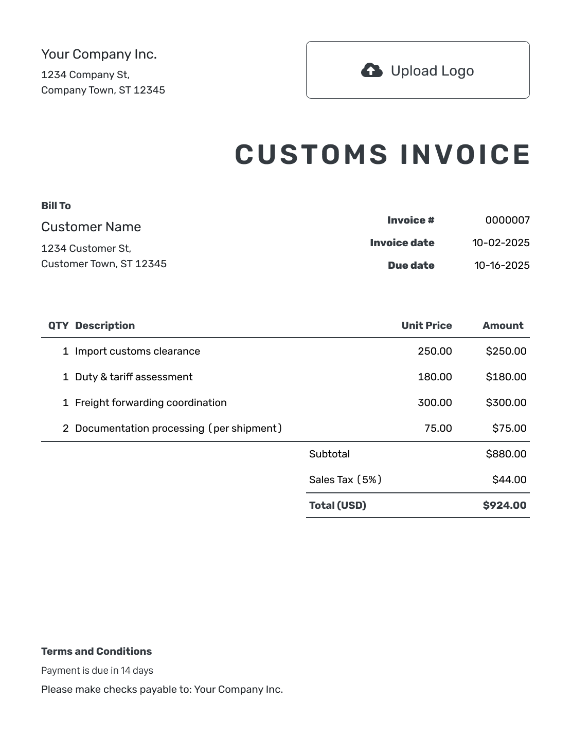 Printable Customs Invoice Template