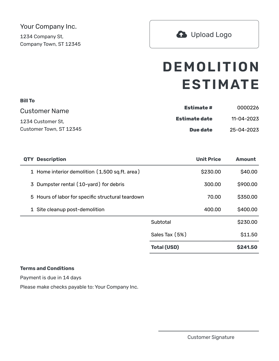 Printable Demolition Estimate Template