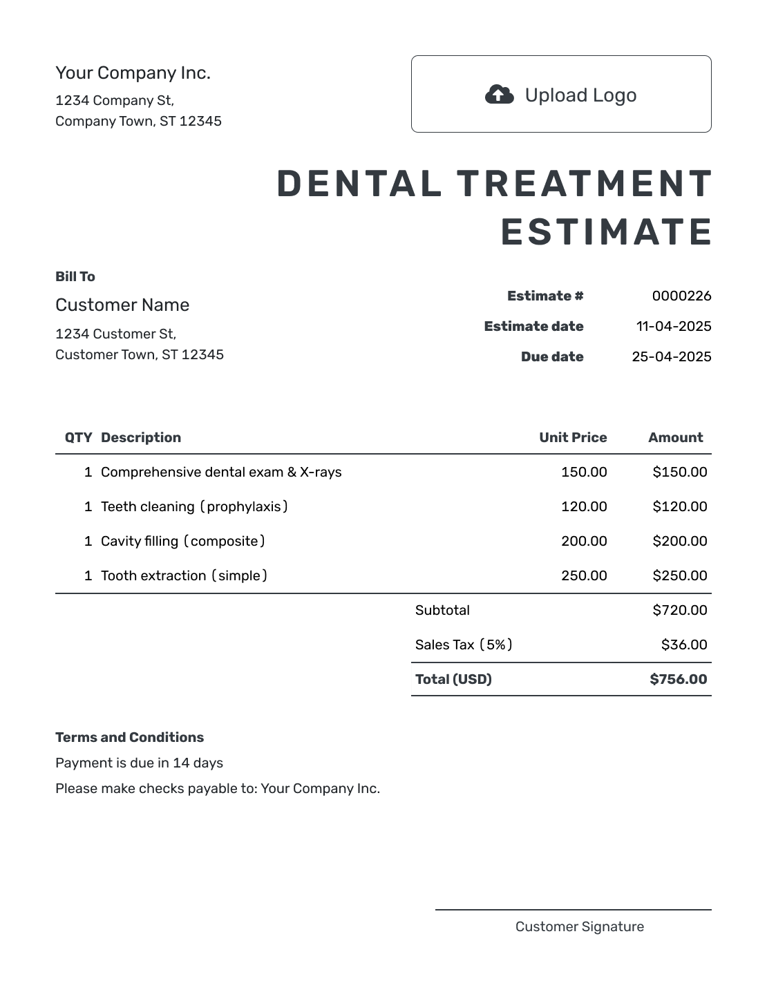 Printable Dental Treatment Estimate Template