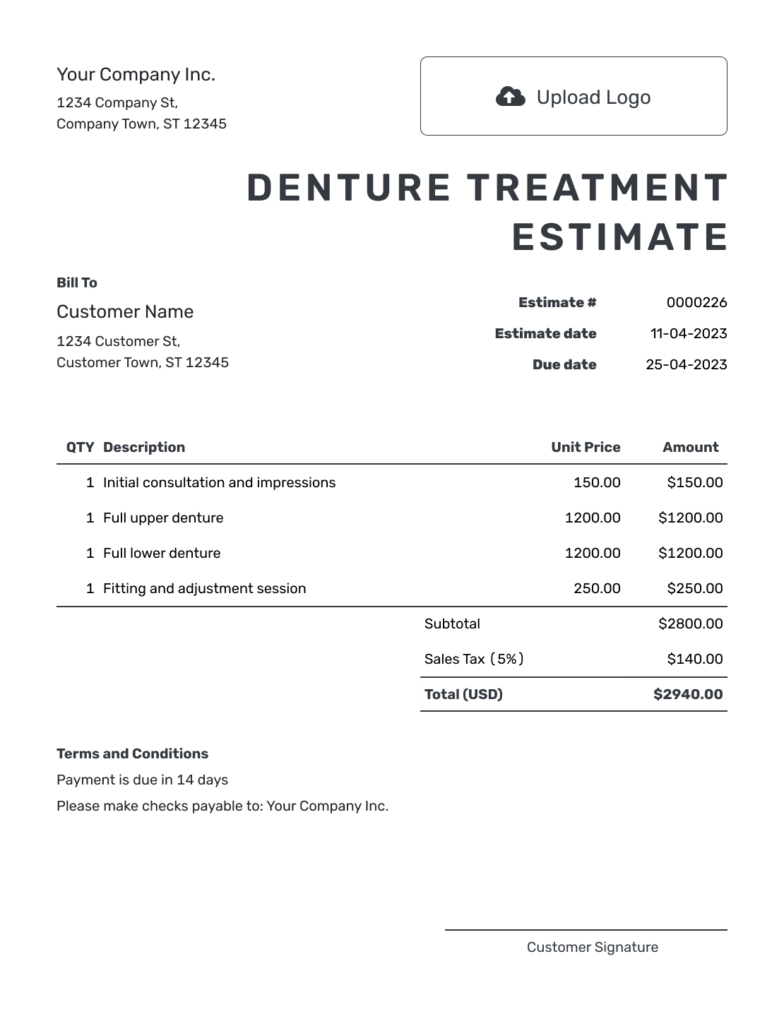 Printable Denture Treatment Estimate Template