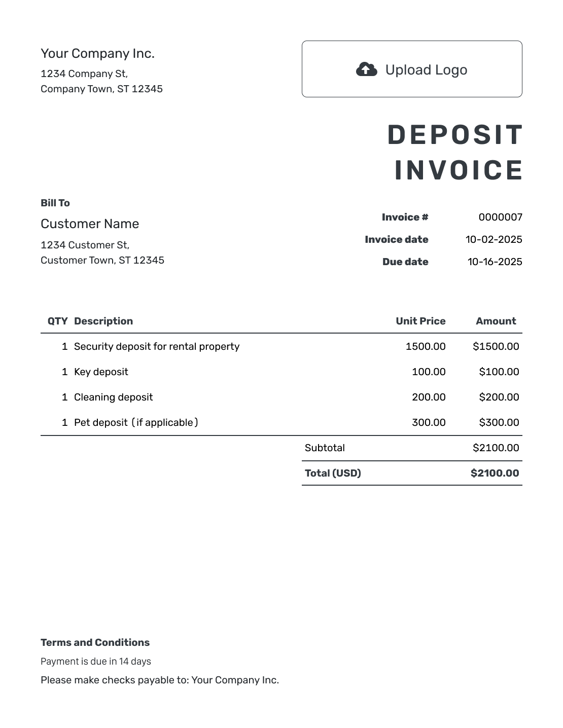 Printable Deposit Invoice Template