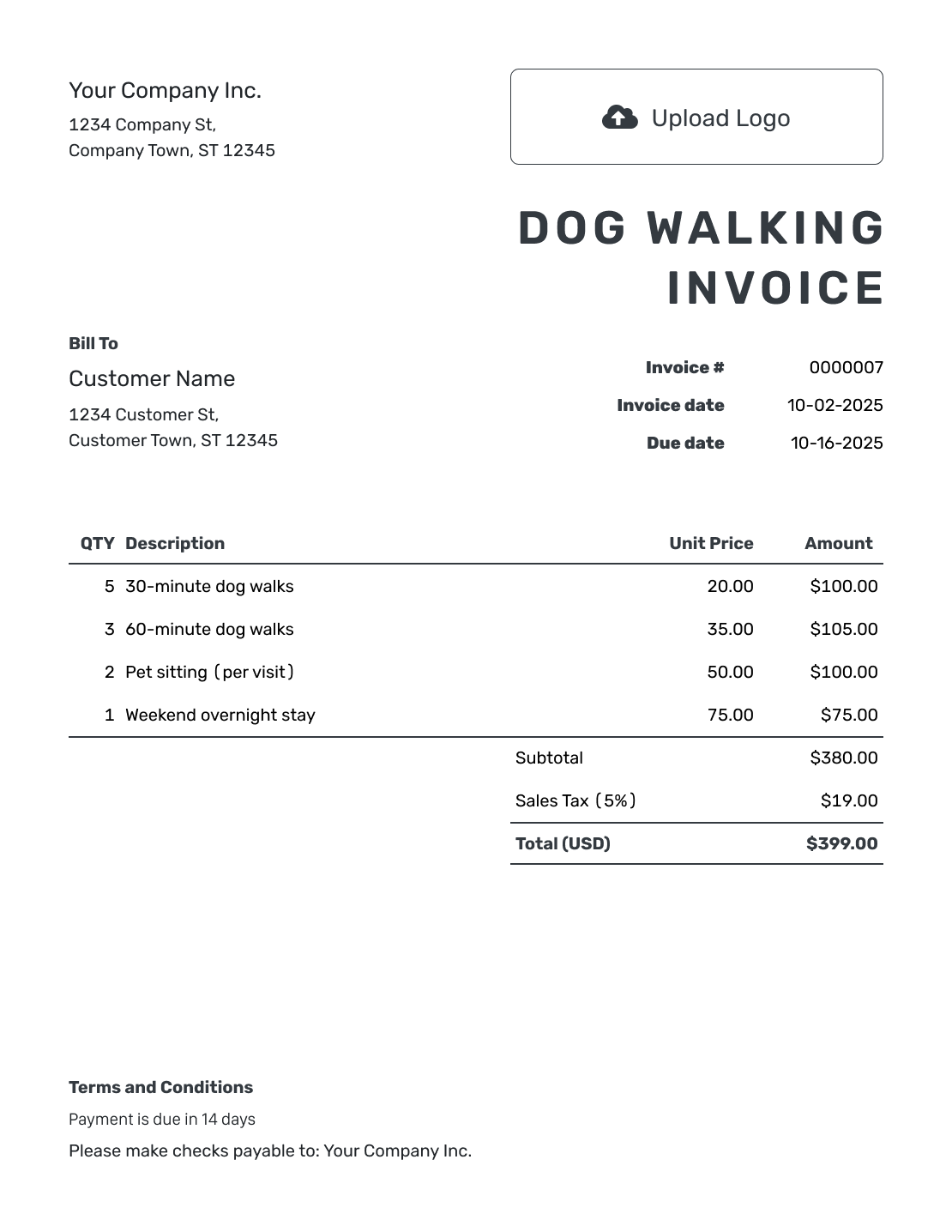 Printable Dog Walking Invoice Template