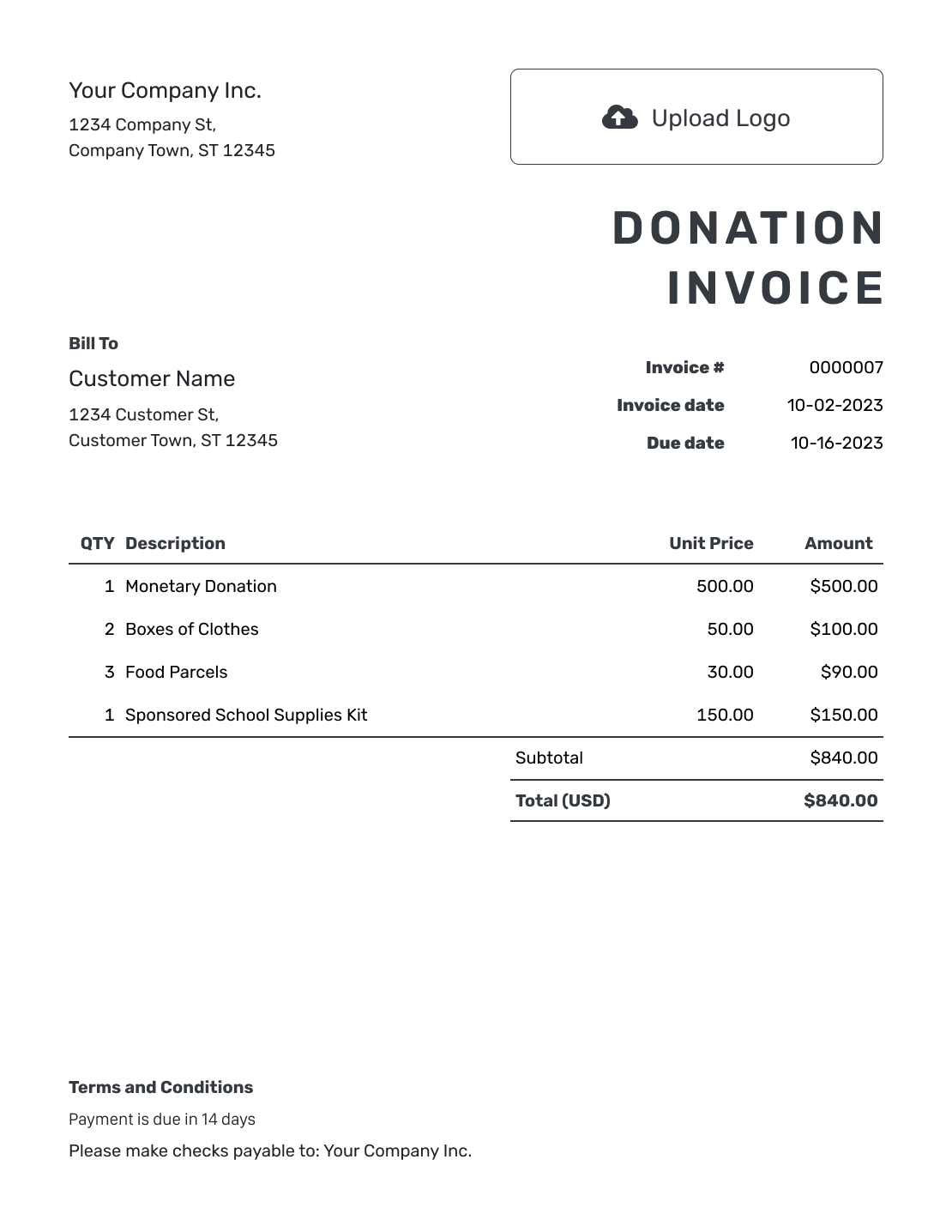 Printable Donation Invoice Template