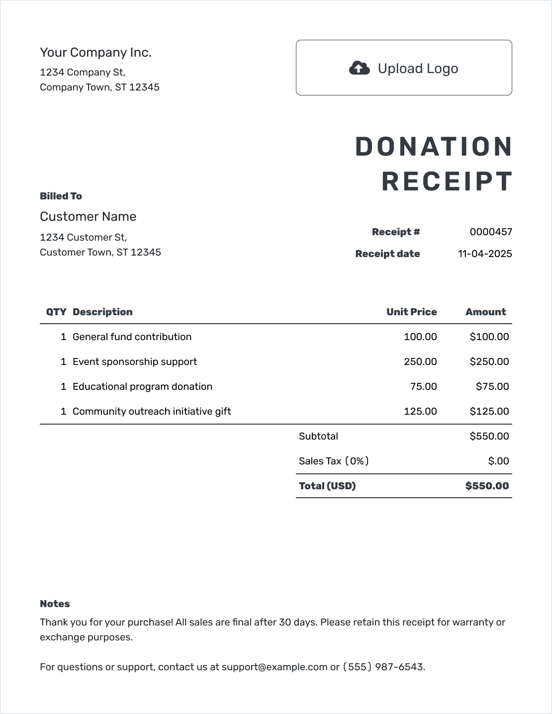 Printable Donation Receipt Template