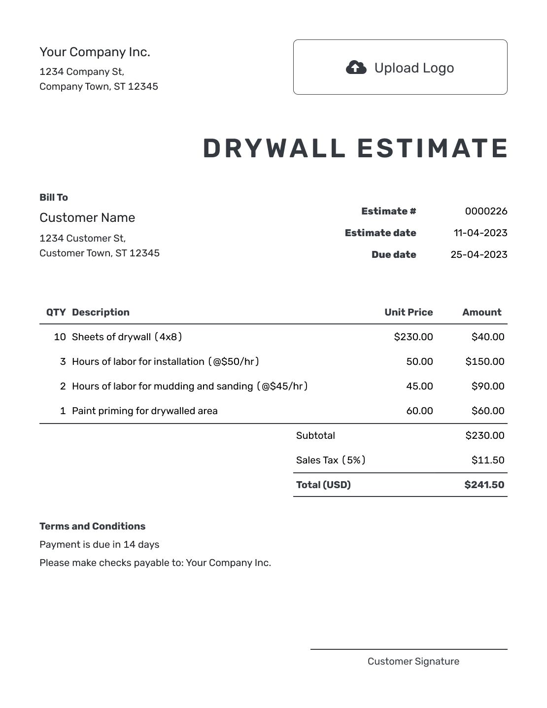 Printable Drywall Estimate Template