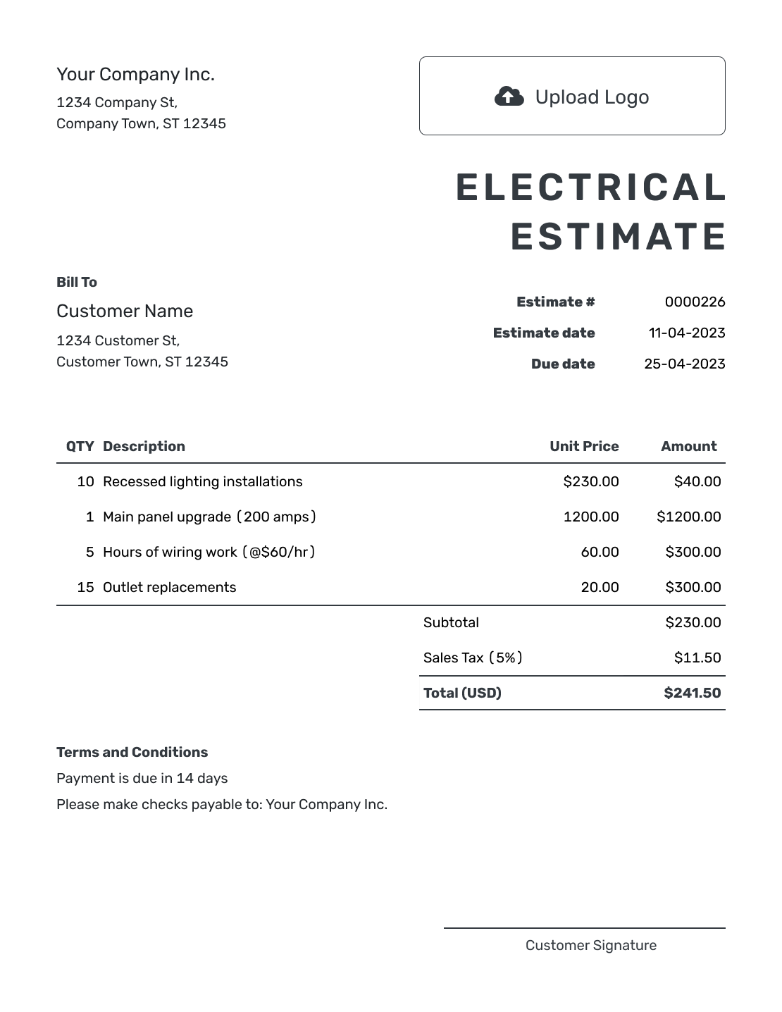 Printable Electrical Estimate Template