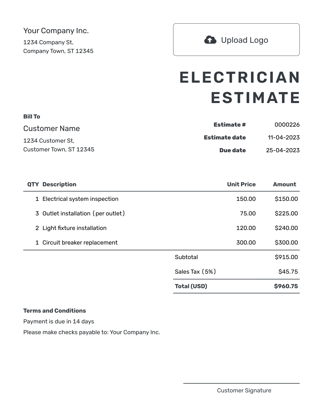 Printable Electrician Estimate Template