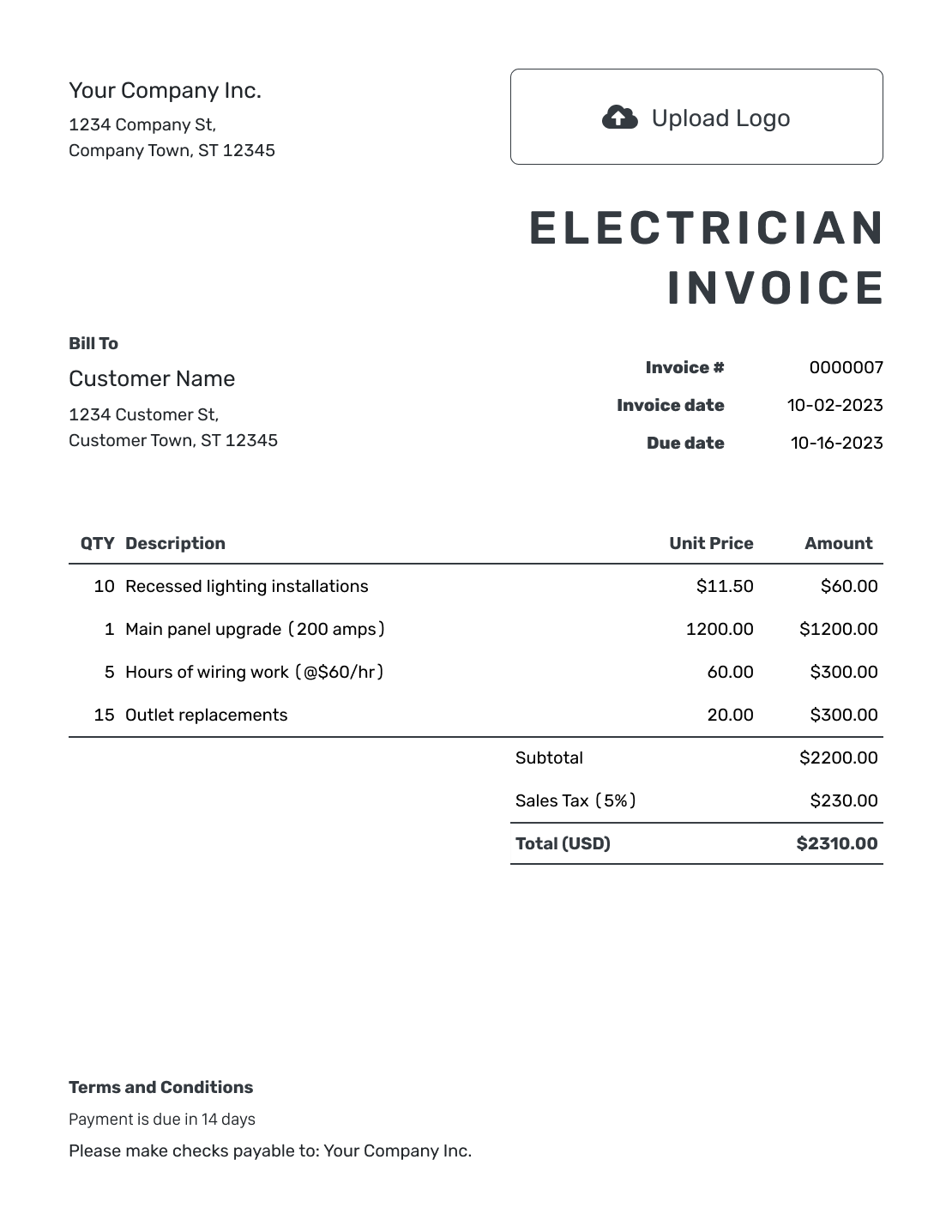 Printable Electrician Invoice Template