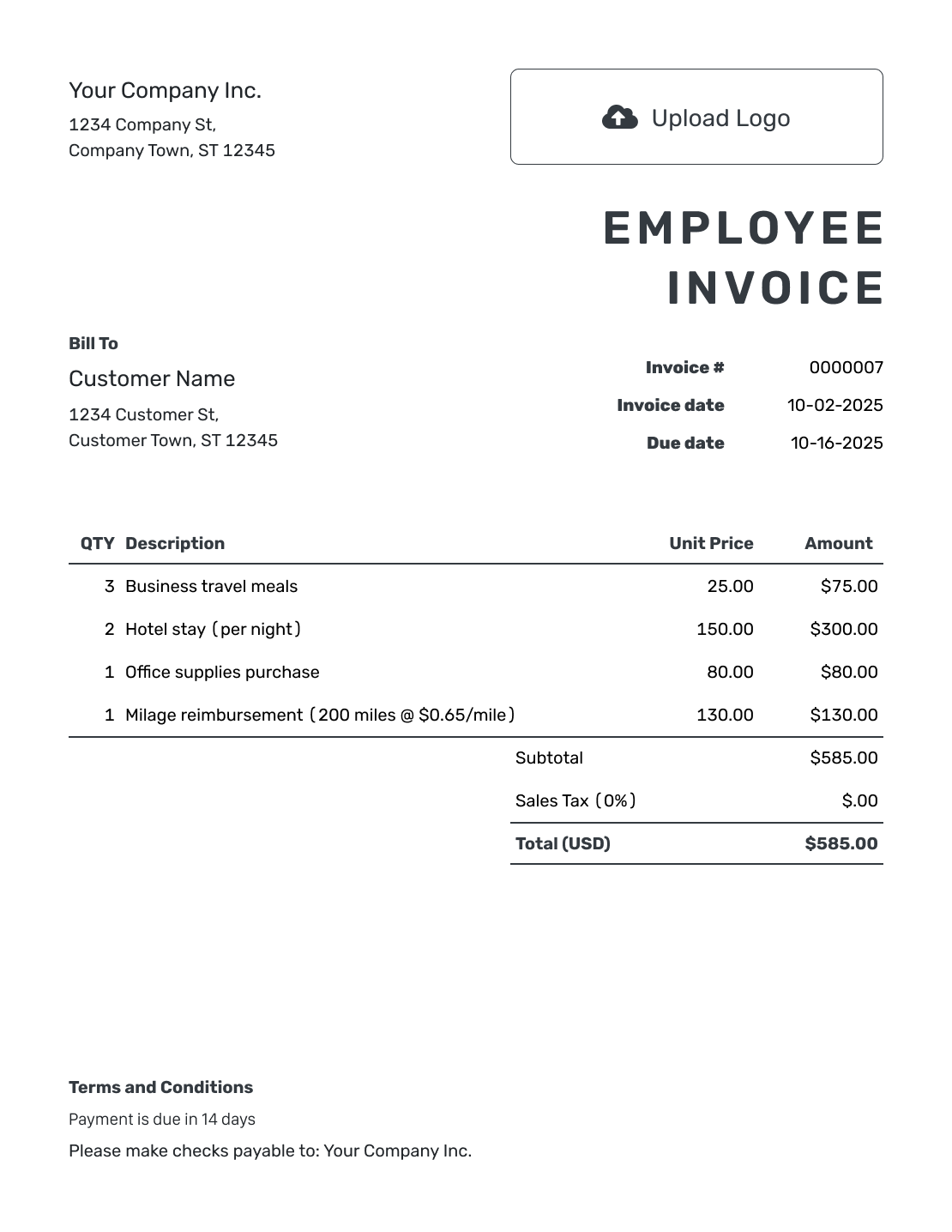 Printable Employee Invoice Template