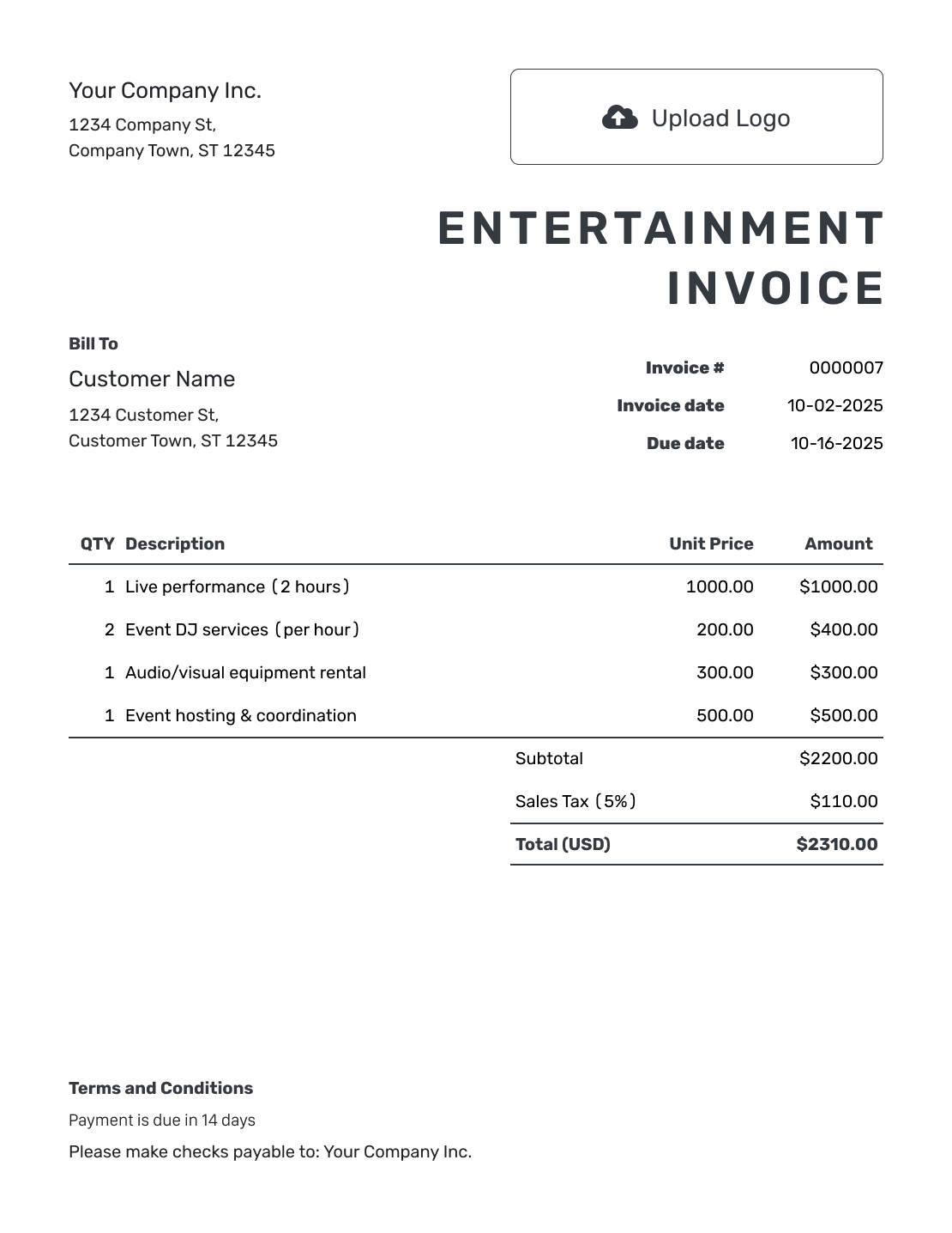 Printable Entertainment Invoice Template