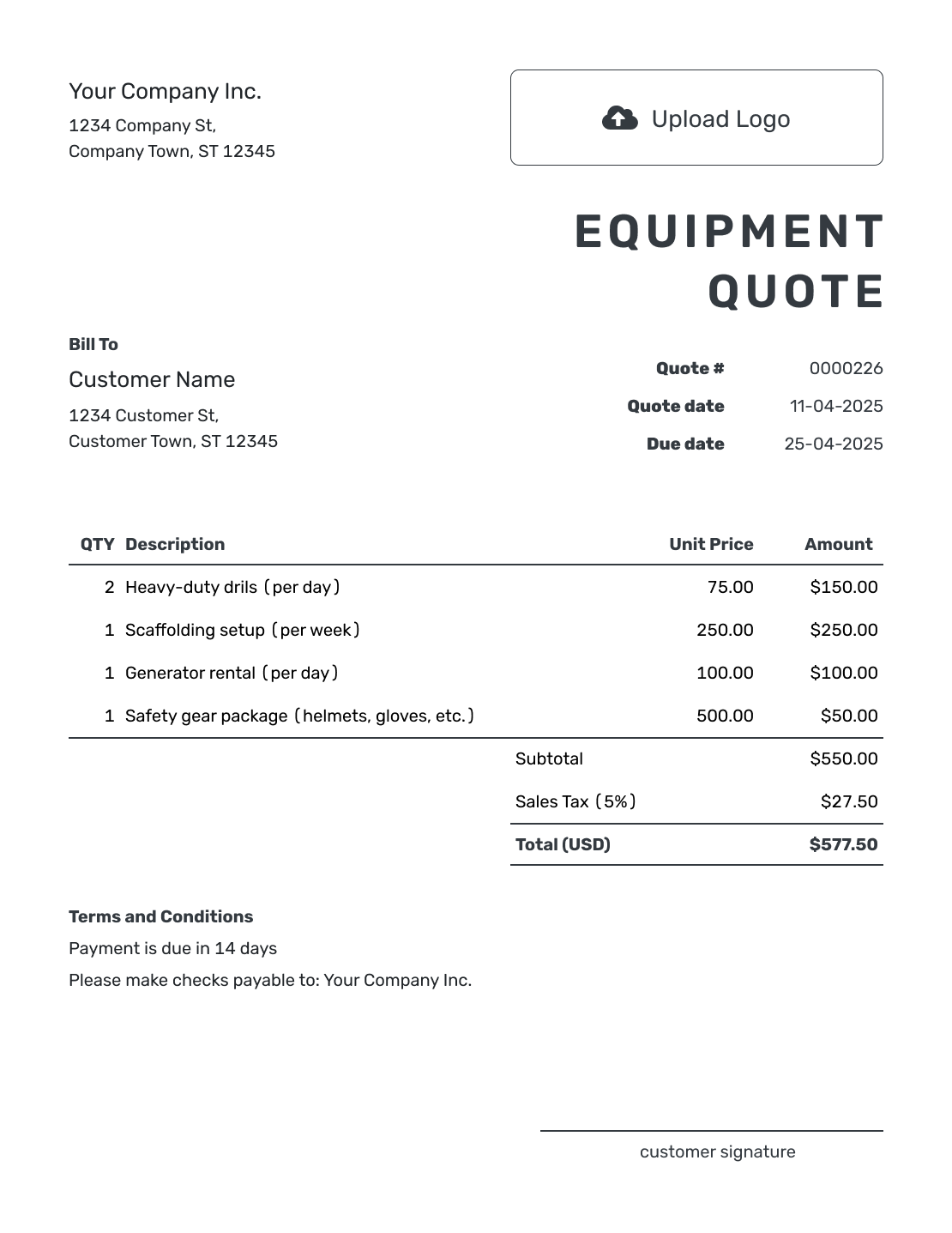 Printable Equipment Quote Template