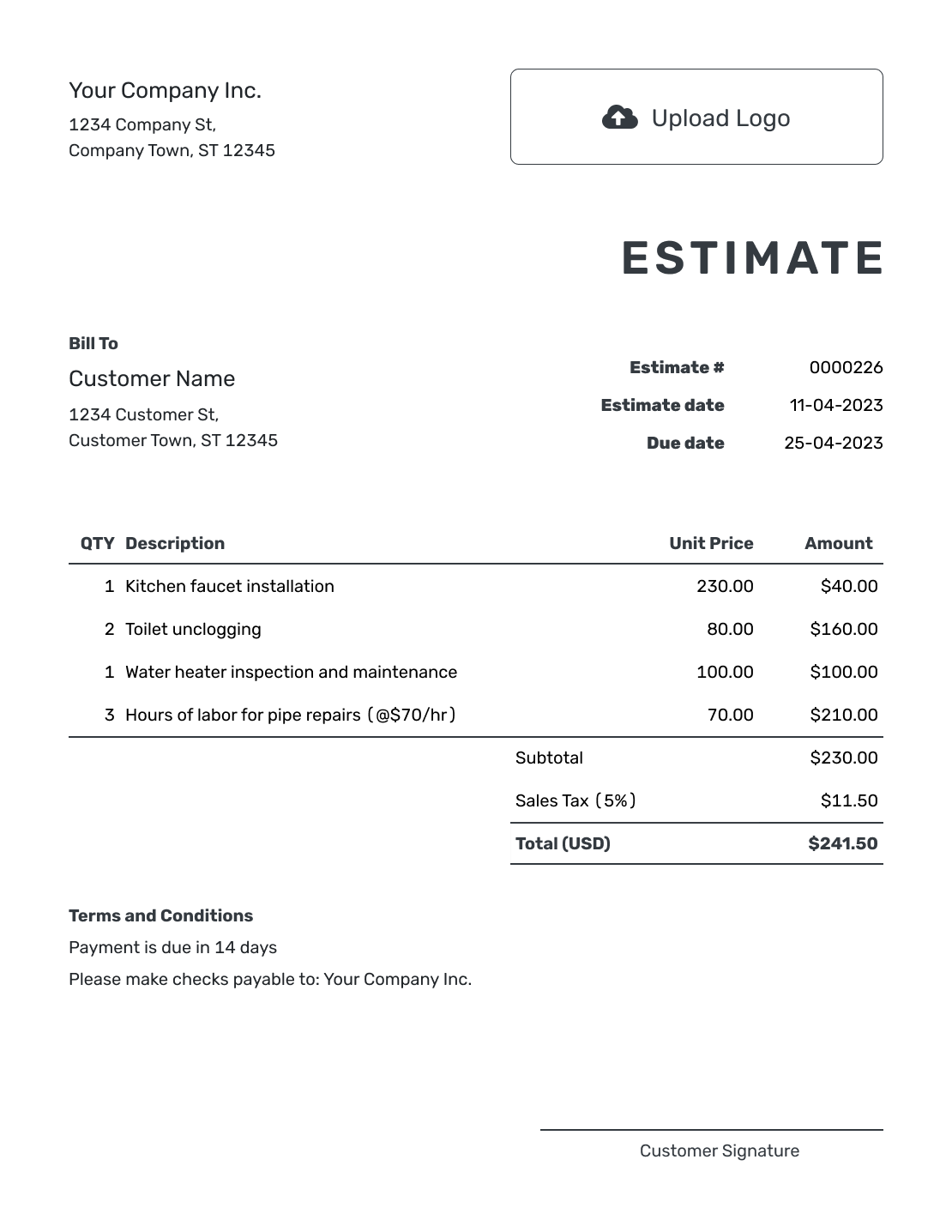 Printable Estimate Format Template