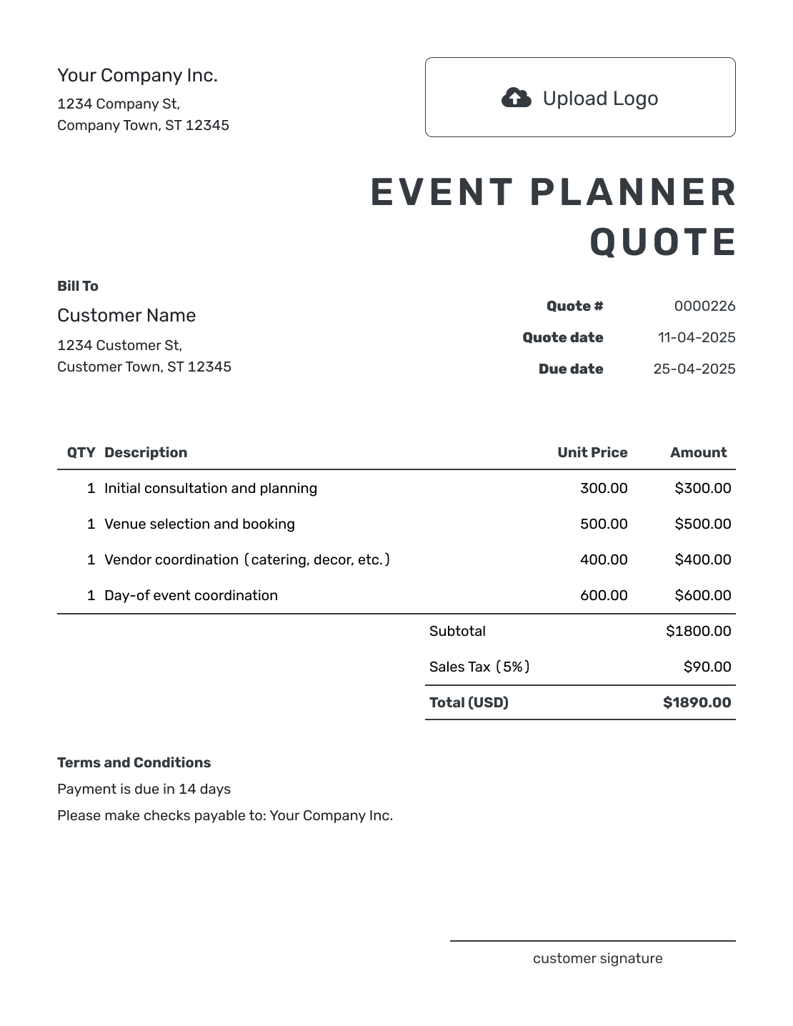 Printable Event Planner Quote Template