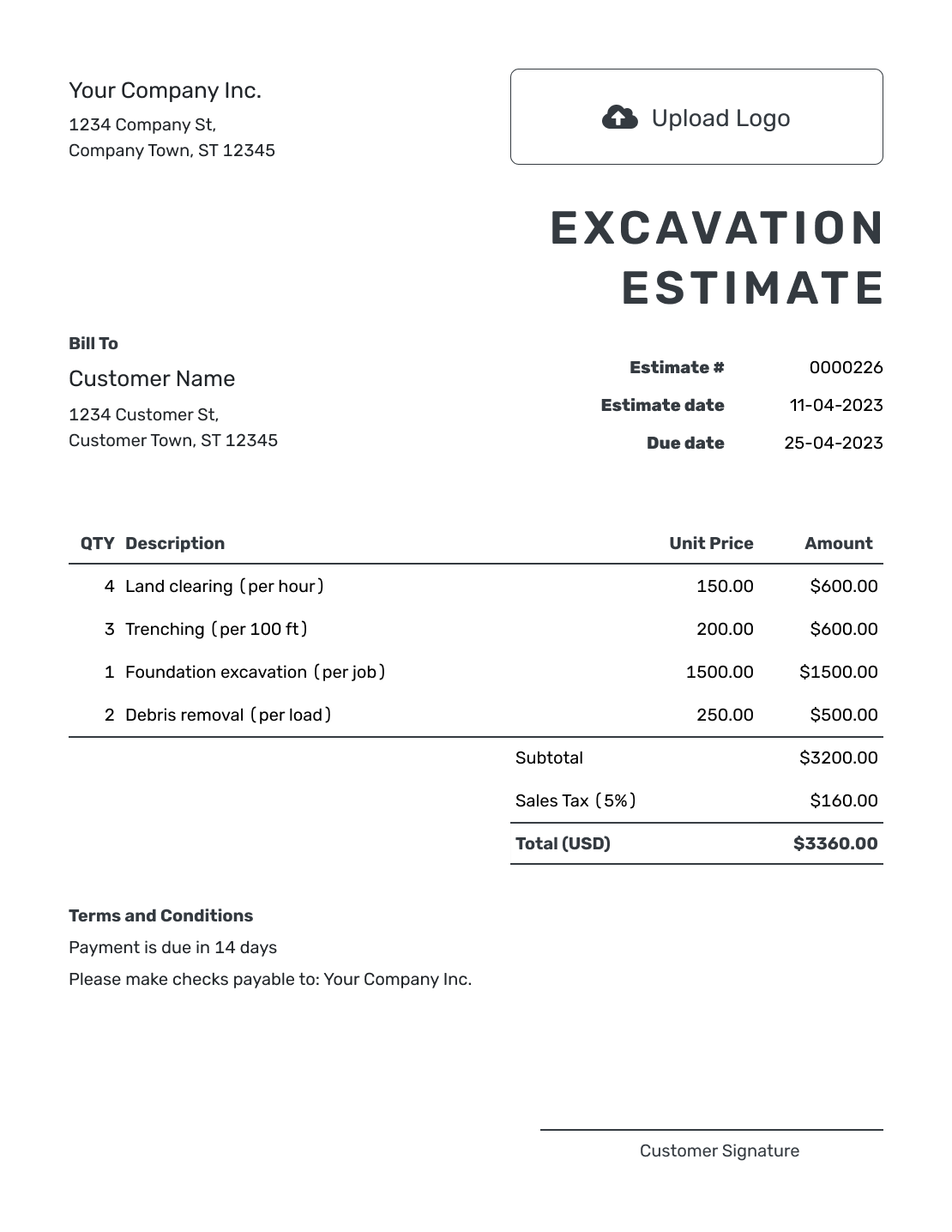 Printable Excavation Estimate Template