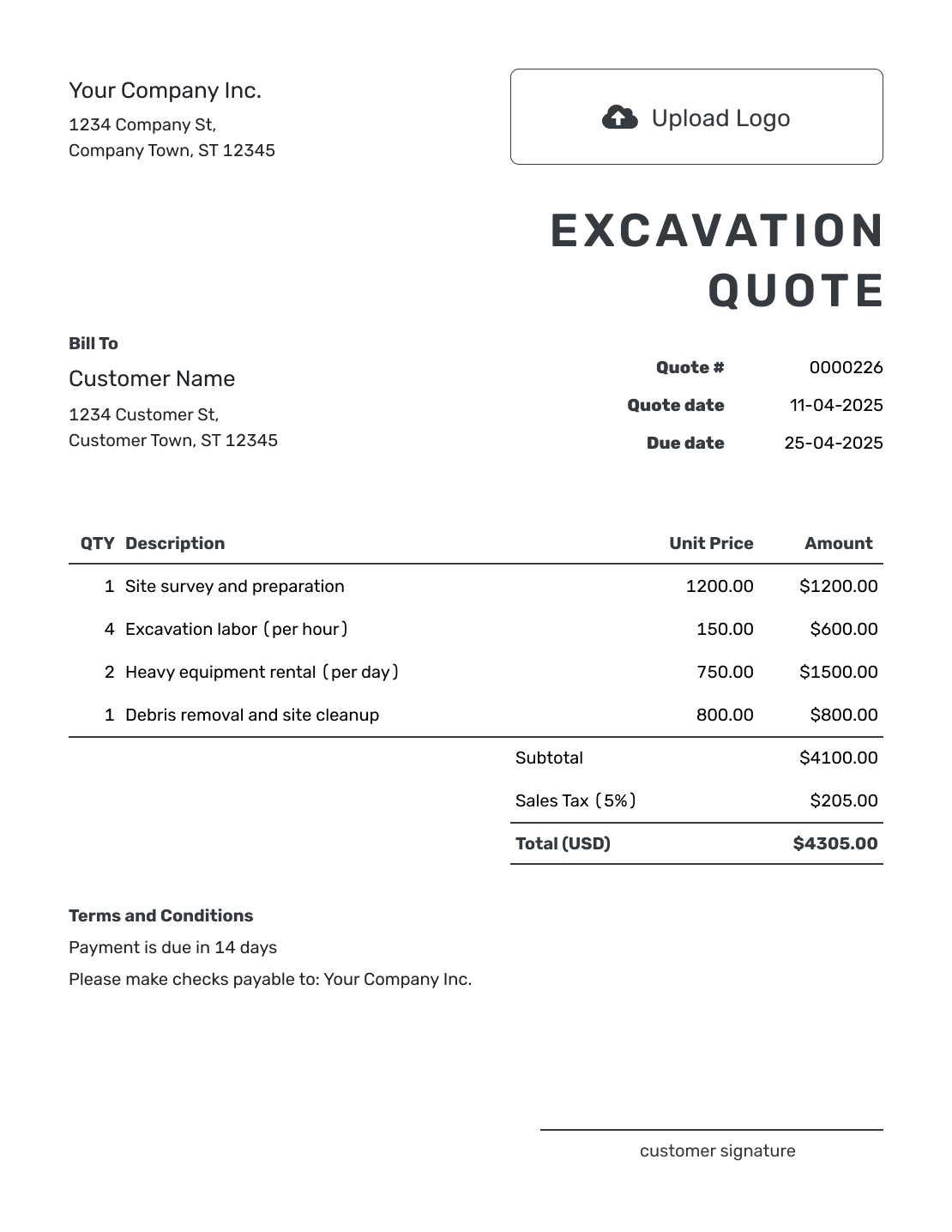 Printable Excavation Quote Template