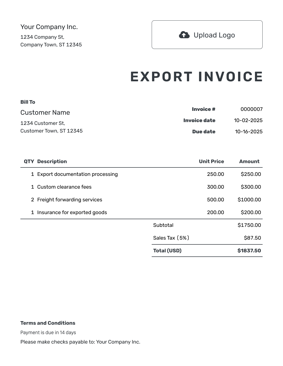 Printable Export Invoice Template