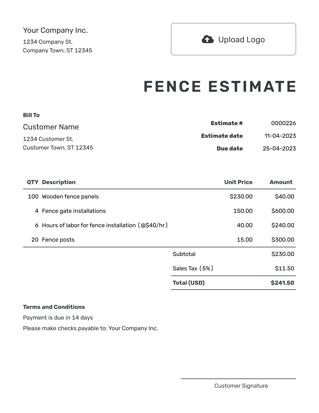 Printable Fence Estimate Template