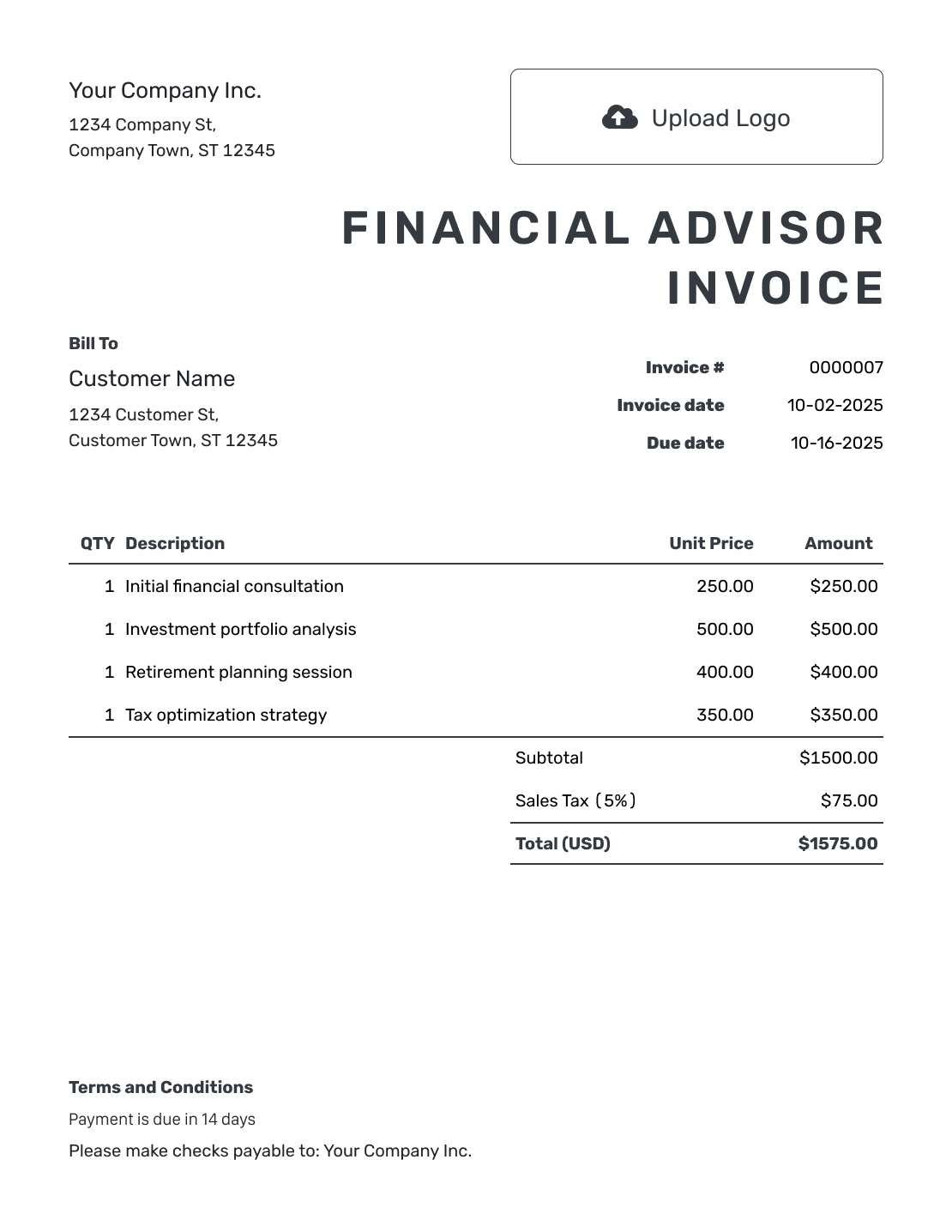 Printable Financial Advisor Invoice Template