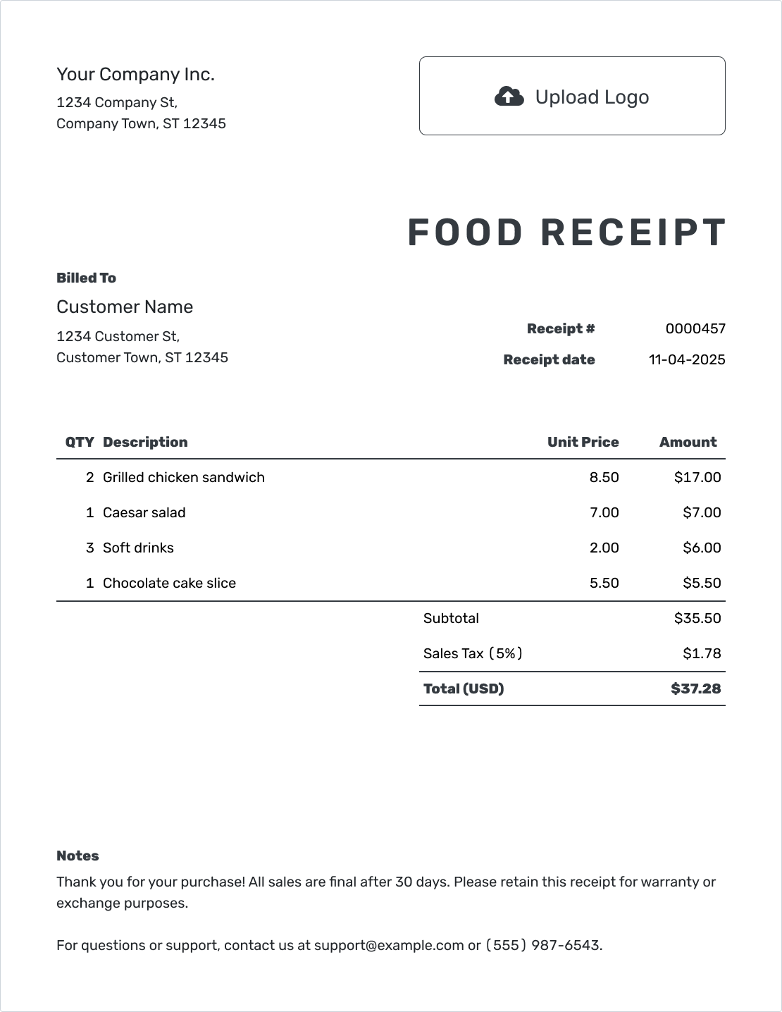 Printable Food Receipt Template