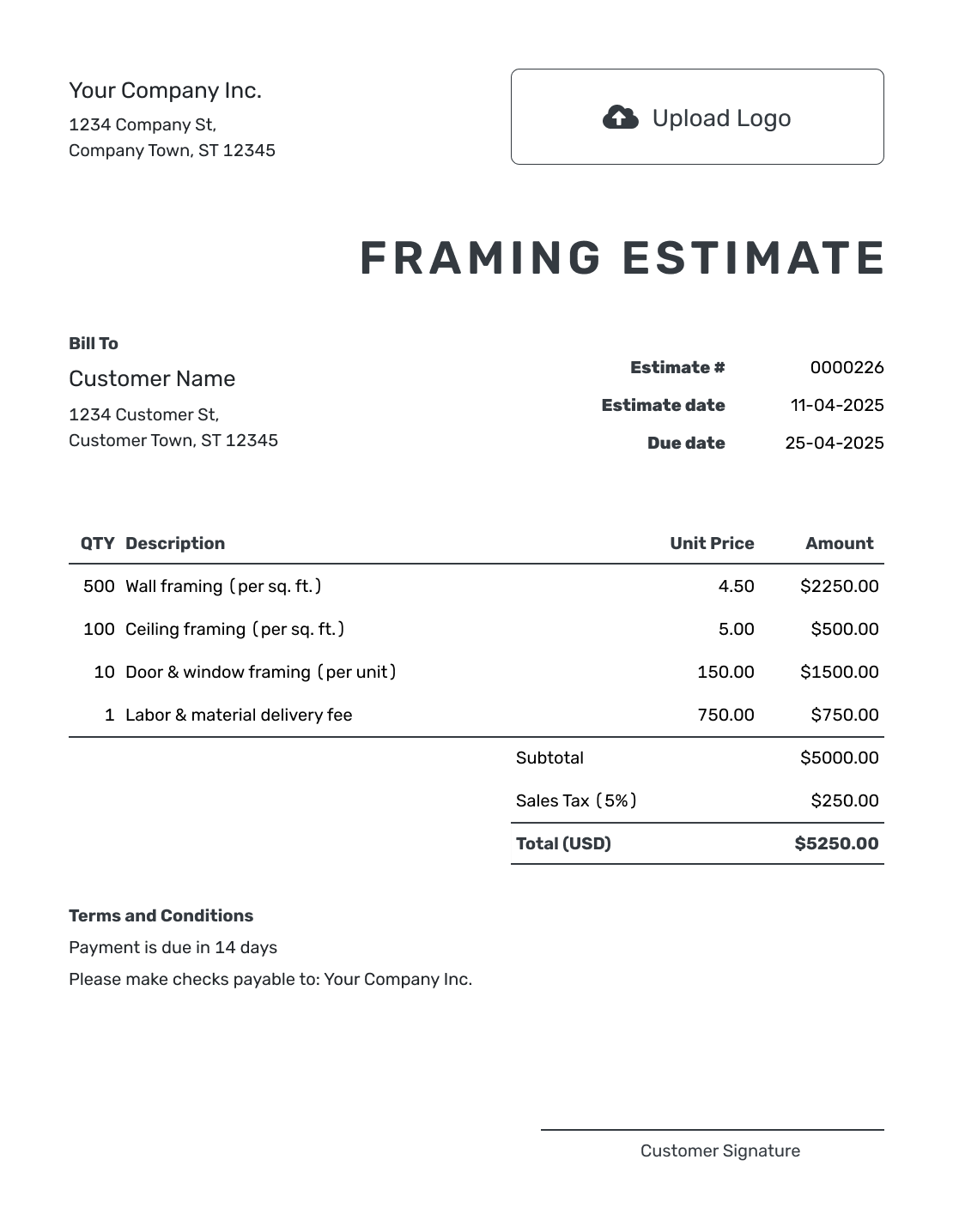 Printable Framing Estimate Template