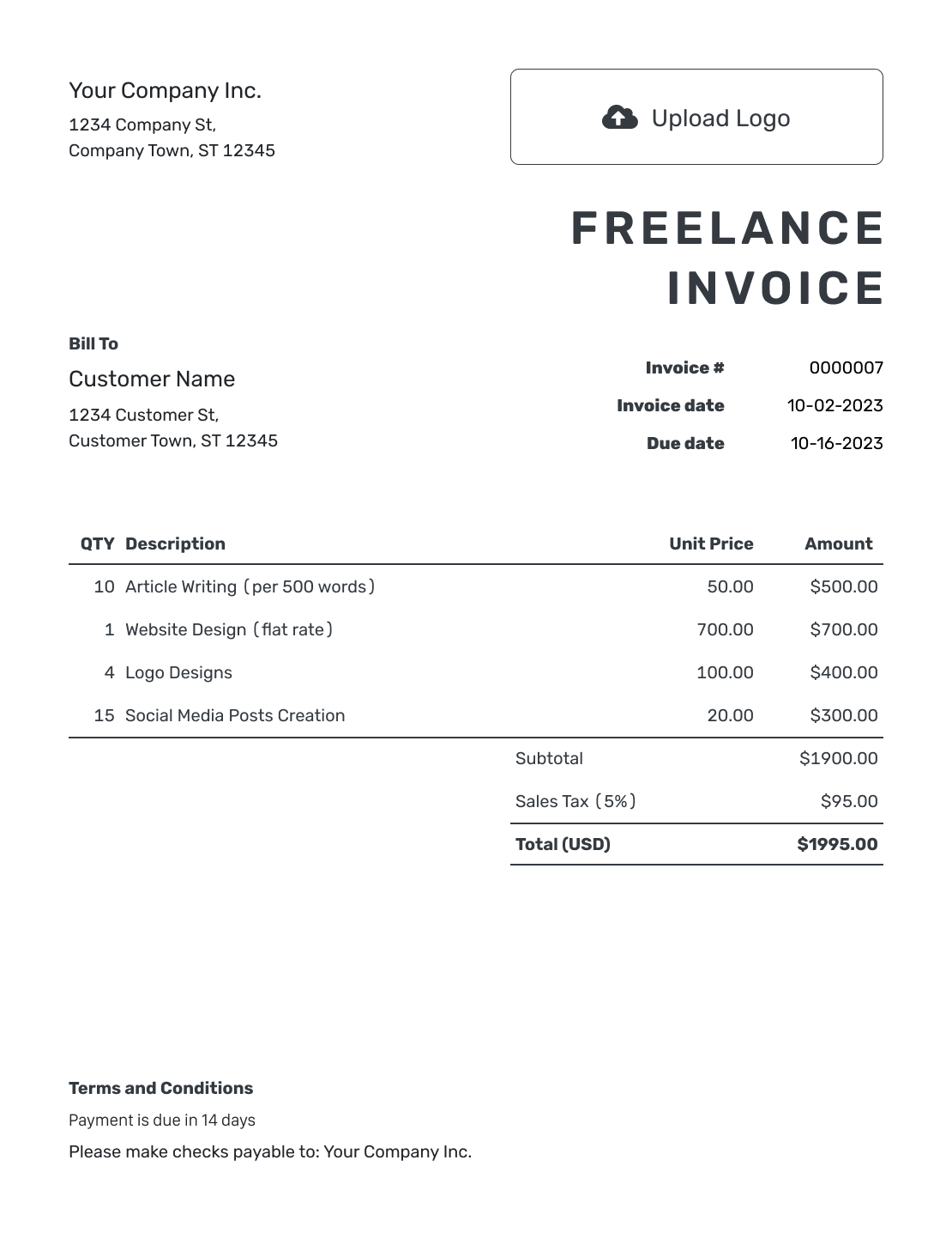 Printable Freelance Invoice Template