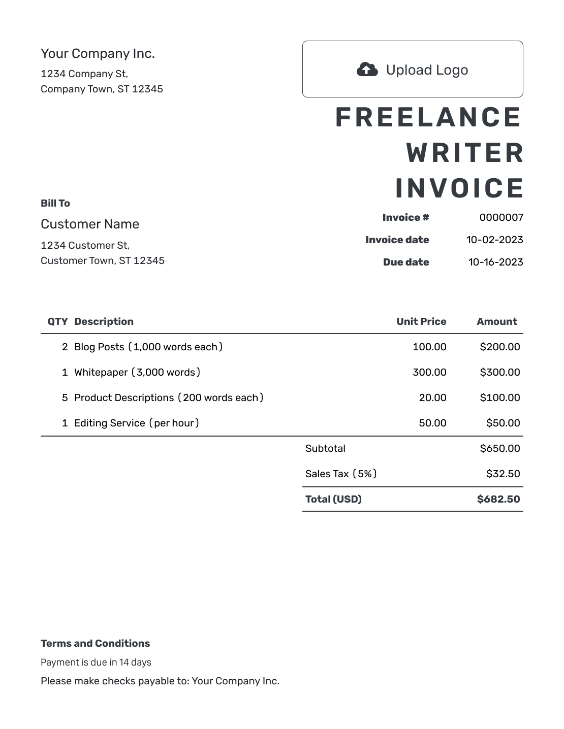 Printable Freelance Writer Invoice Template