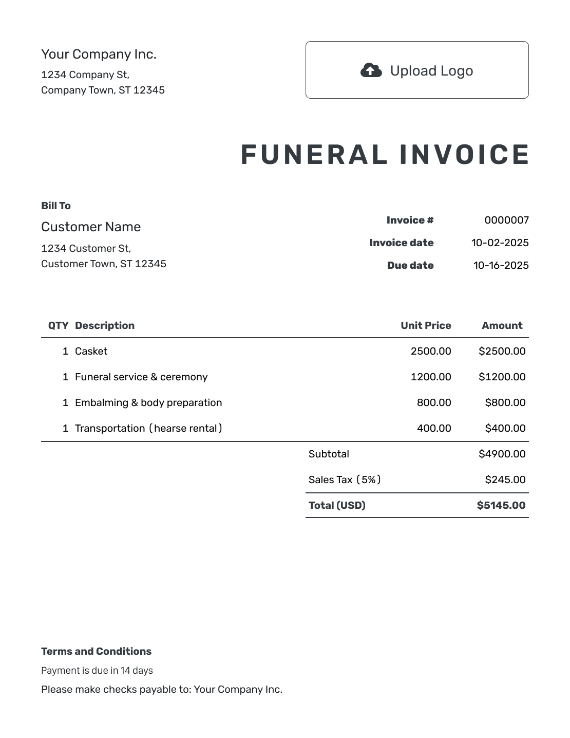 Printable Funeral Invoice Template