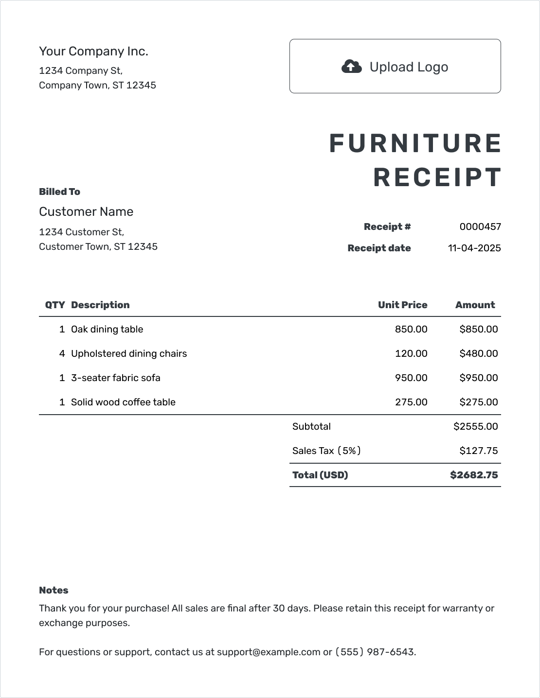 Printable Furniture Receipt Template