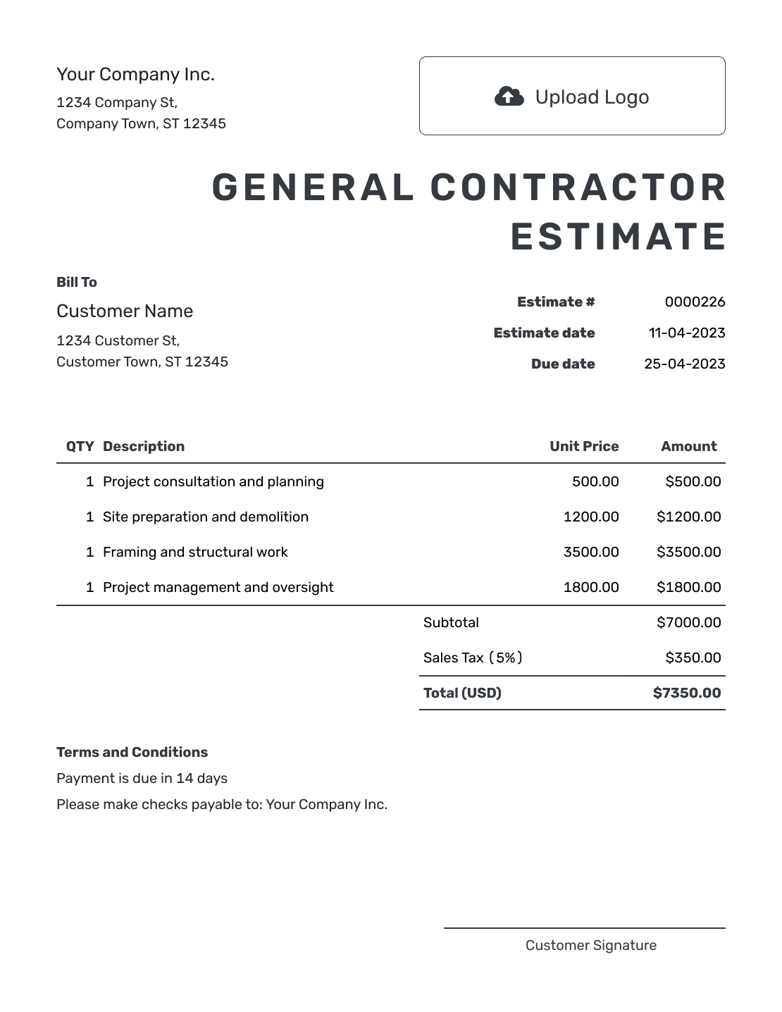 Printable General Contractor Estimate Template