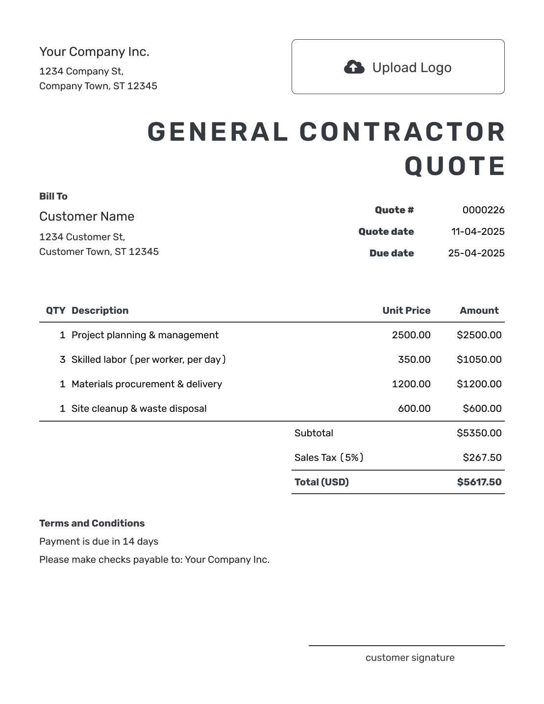 Printable General Contractor Quote Template