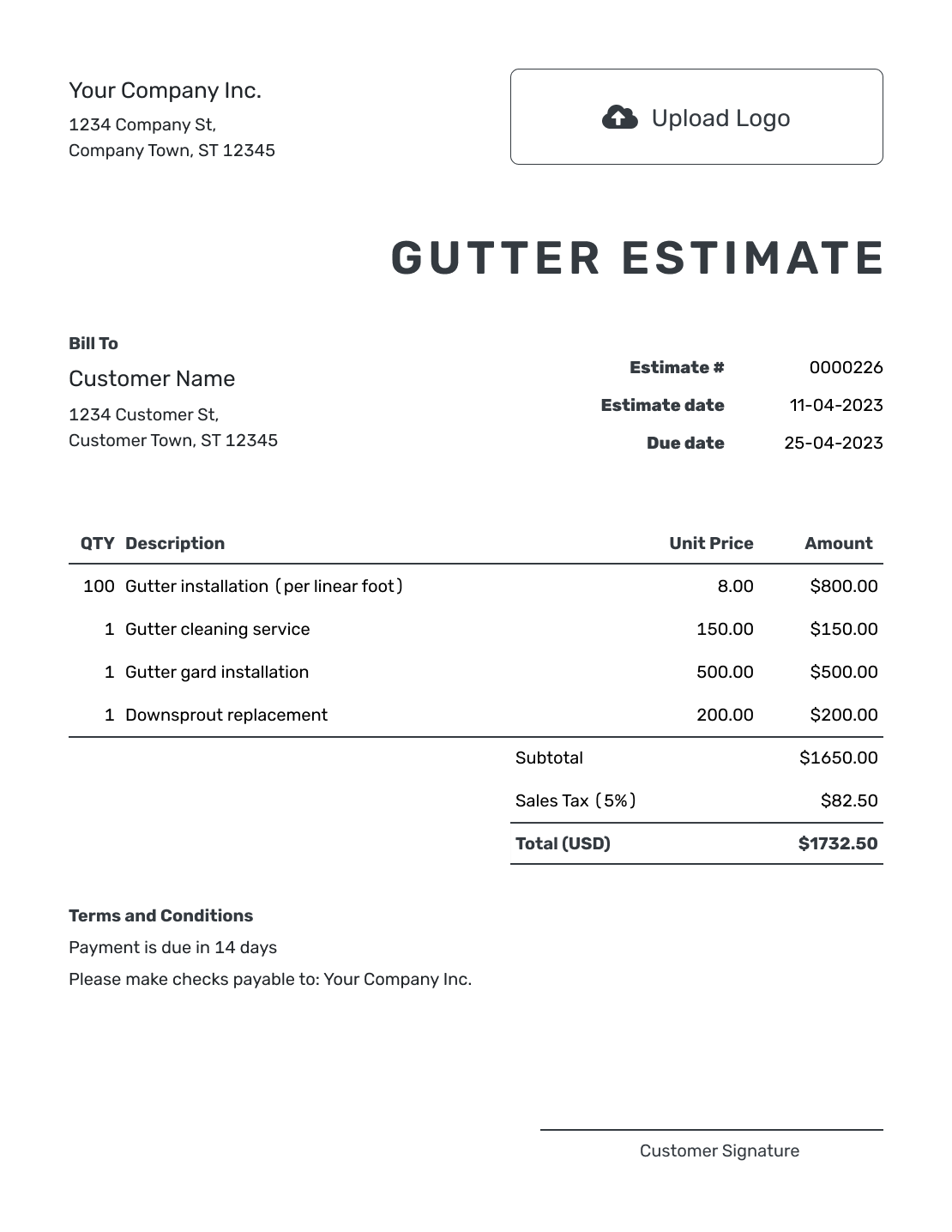 Printable Gutter Estimate Template