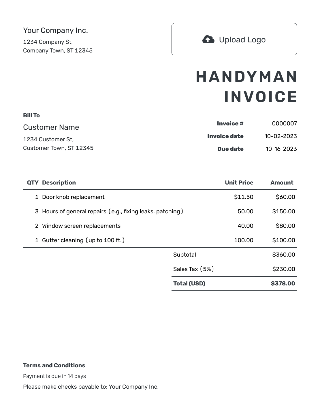 Printable Handyman Invoice Template