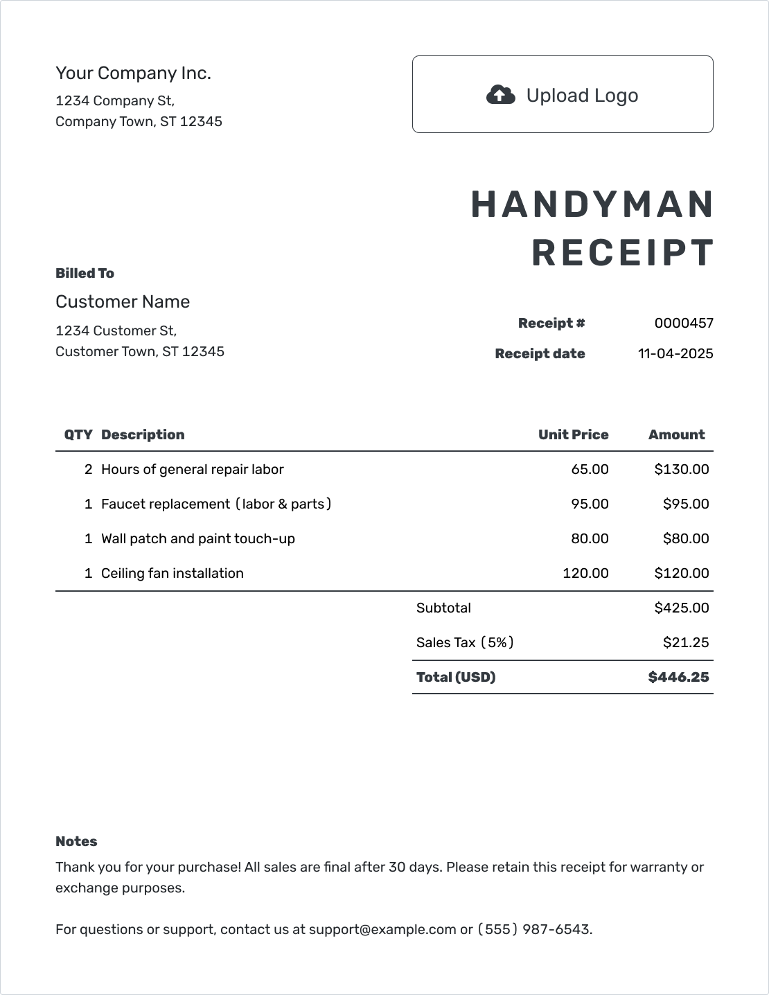 Printable Handyman Receipt Template