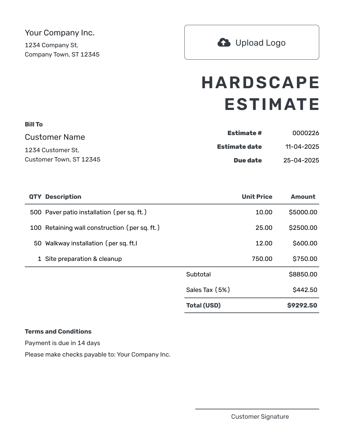 Printable Hardscape Estimate Template